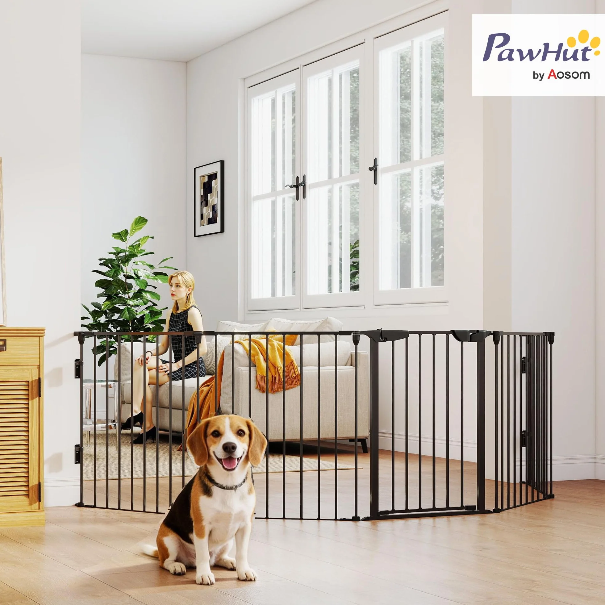 PawHut Barrière de sécurité Parc enclos Chien modulable Pliable Porte intégrée 300L x 74,5H cm métal PP Noir