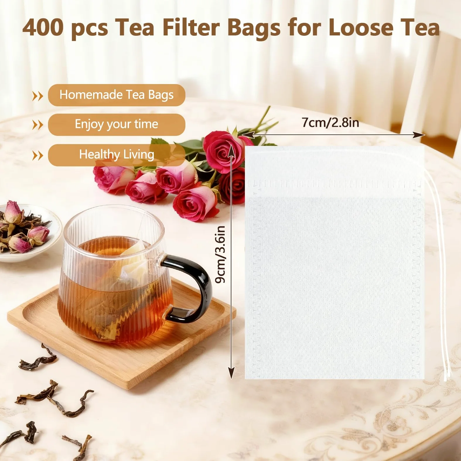 Vinabo 400 Filtre à Thé Jetable, Sachet The a Remplir Jetable avec Cordon de Serrage, 7 X 9 cm Sachet de Thé Réutilisable, pour Thé En Vrac, Café, Thé de Fleurs, Herbes, Epices, Lavande (Lot de 5)
