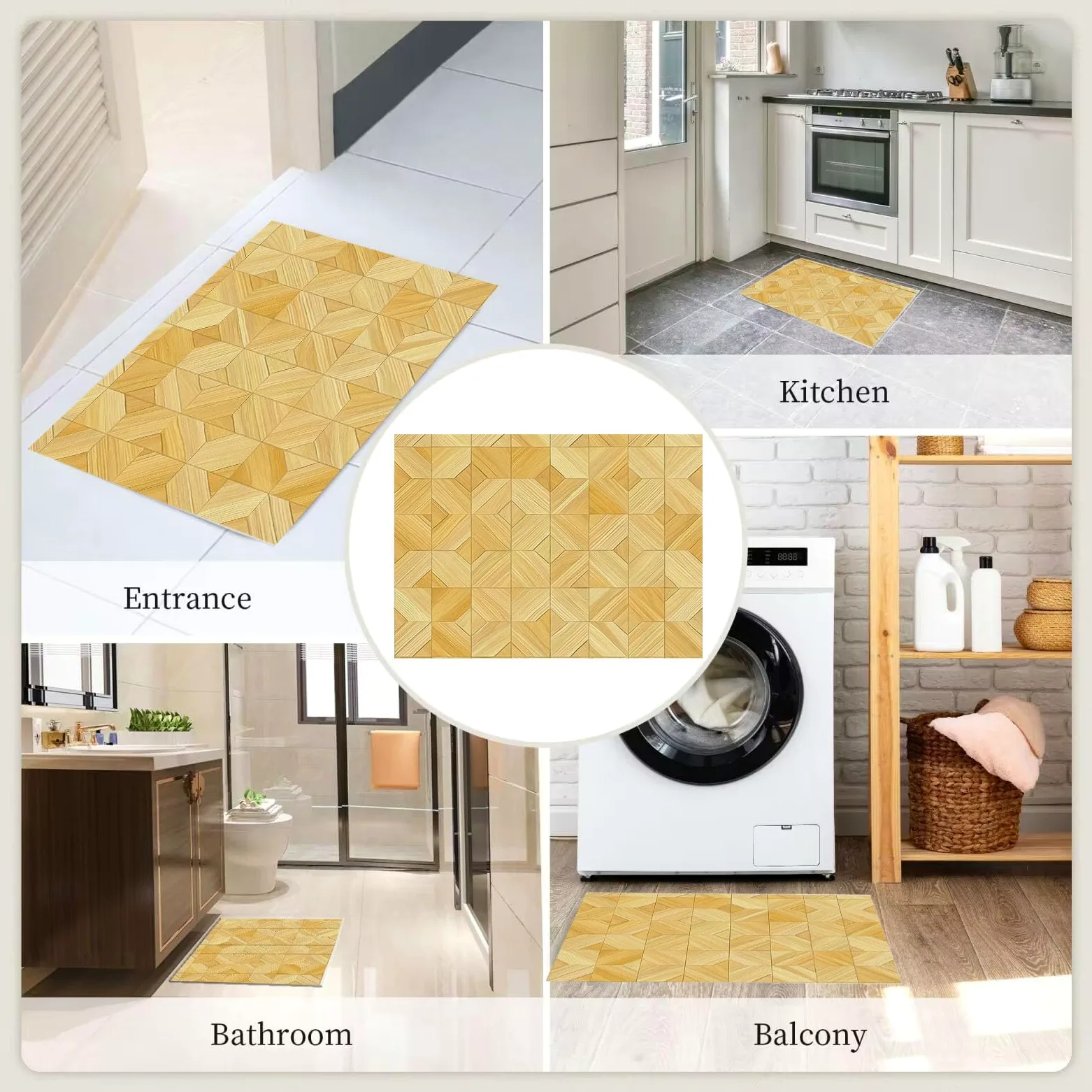 Tapis Lavable Parquet, Antidérapant Géométrie Patchwork Rétro, Résistant Aux Taches pour Intérieur, Décoration pour Salon, Chambre À Coucher, Bureau - Jaune Clair - 80X150Cm