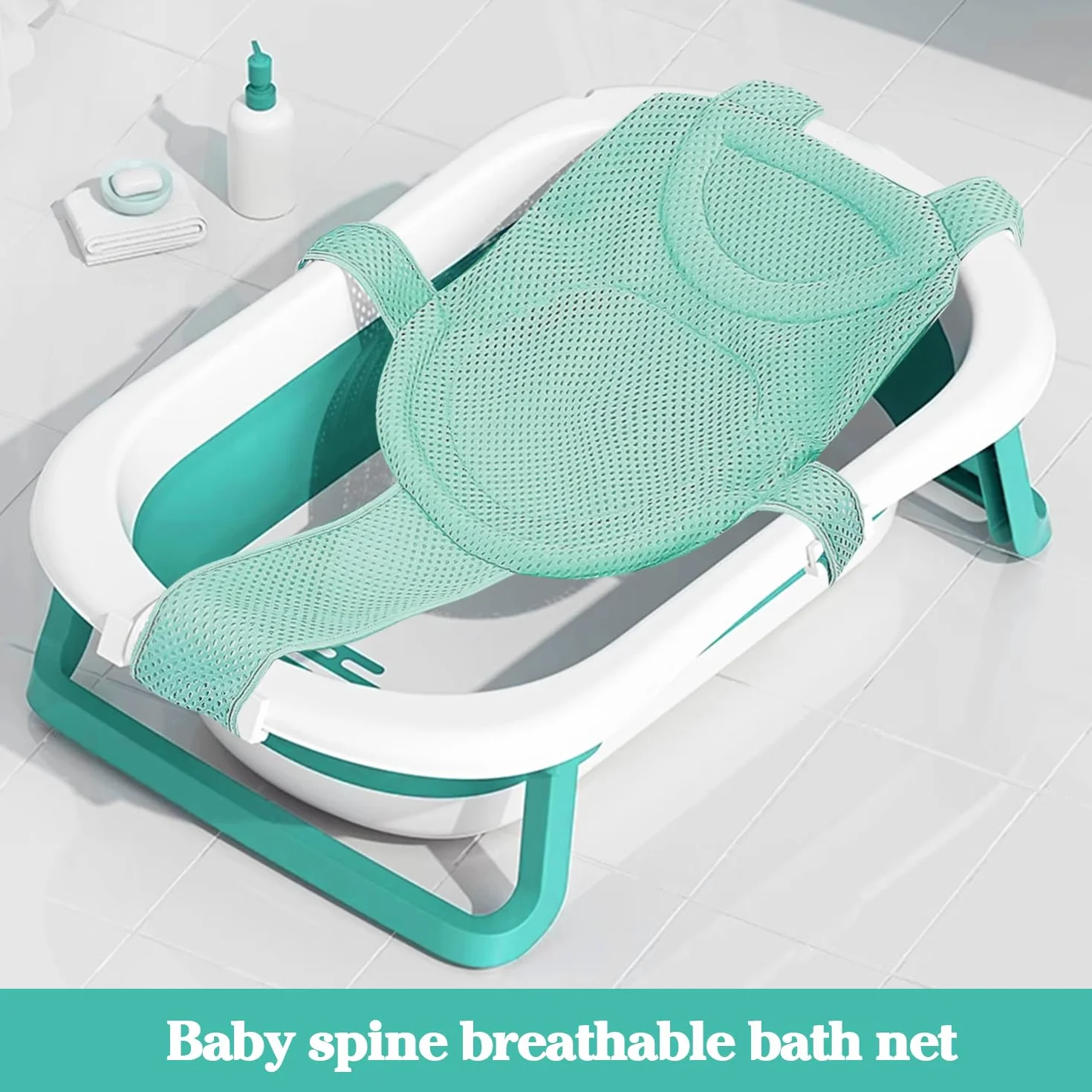 Siège Douche Nouveau-Né Maille Confortable Antidérapant Poche Plateau Vert Clair Tapis Bébé 1 Pièce