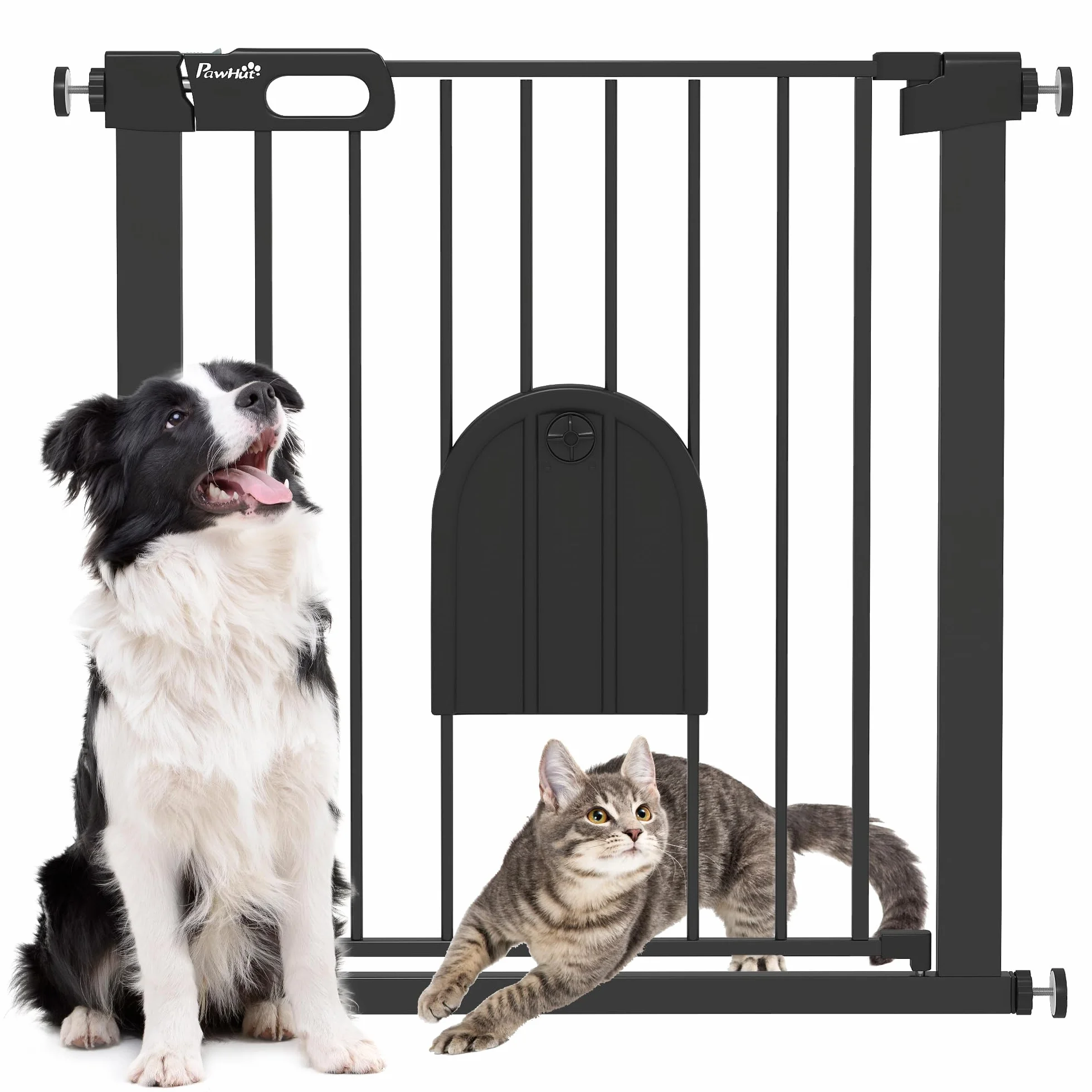 PawHut Barrière de sécurité Animaux 76H cm Chien Chat Porte Fermeture Automatique Double Verrouillage Fixation Pression 75-82 cm Acier ABS Noir