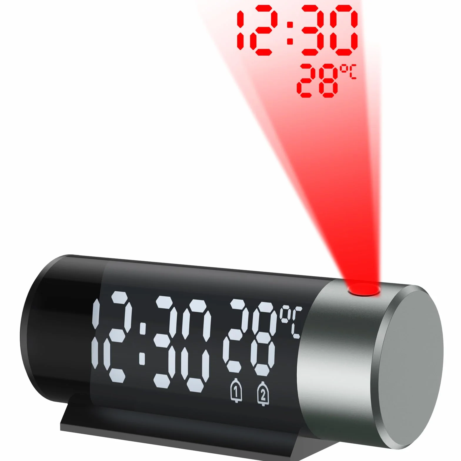 Réveil Projecteur Plafond avec Horloge Digitale 180°, Température, Snooze, Mode Nuit, Affichage 12H/24H