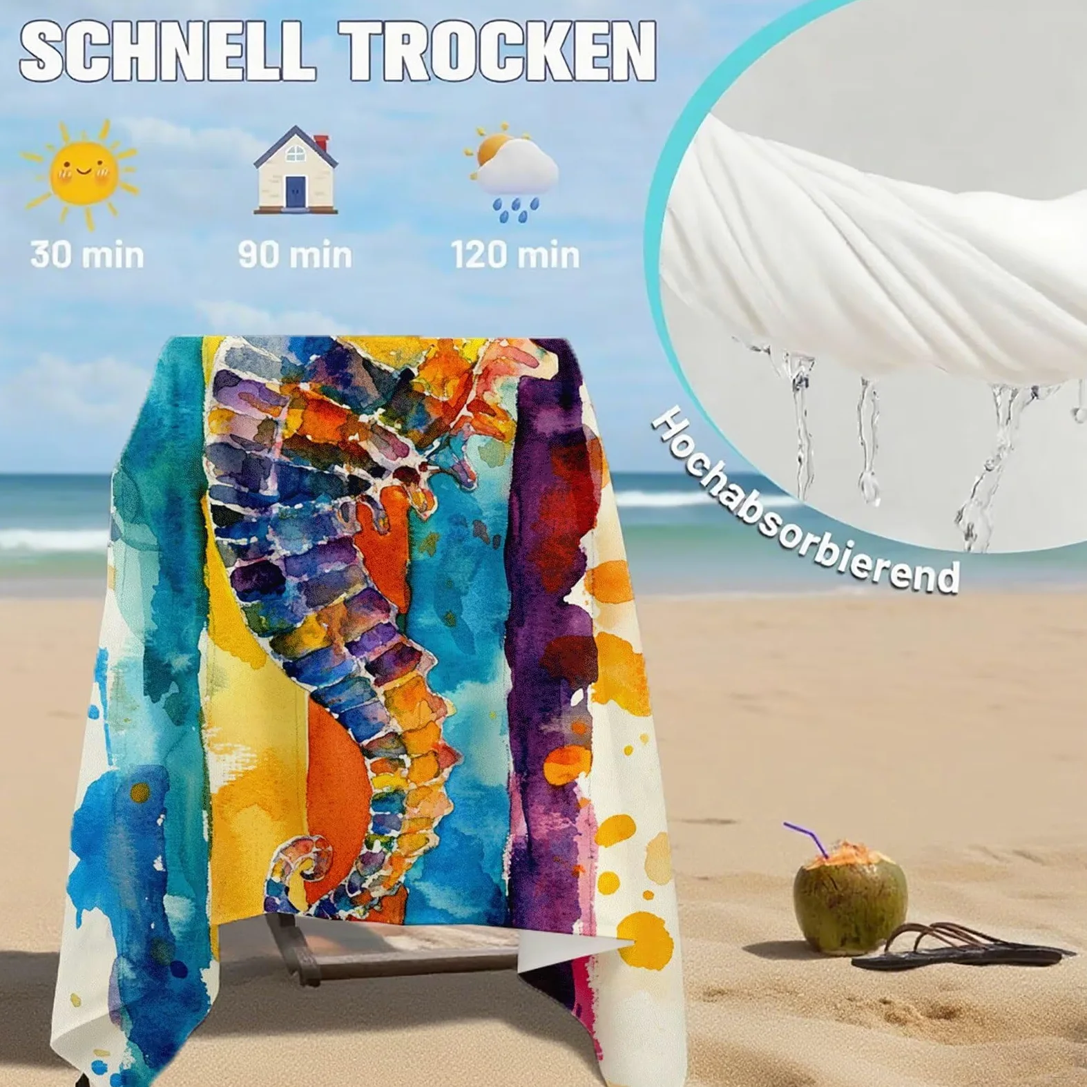 Serviette de Plage XXL 100x200 cm,Hippocampe Serviette Plage Microfibre avec Séchage Rapide, Anti-Sable, Absorbante Fonction Design pour Vacances Piscine Pique-Nique Voyages Yoga, Cadeau Femme Q-686