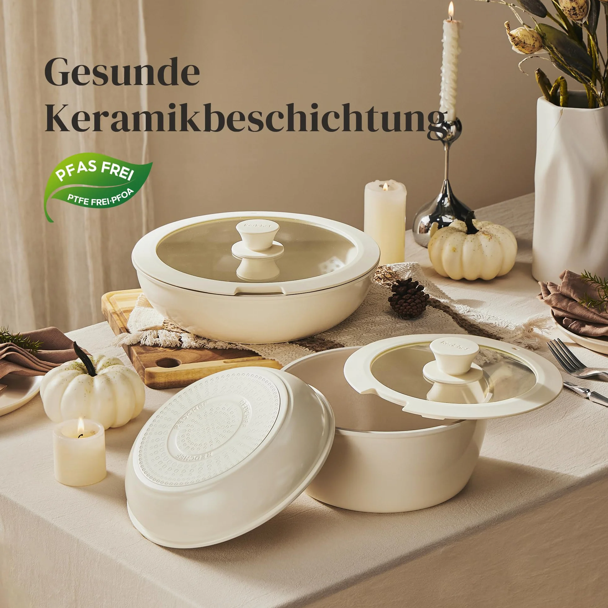 Redchef batterie de cuisine céramique 16 pièces antiadhésive induction sans PFAS beige