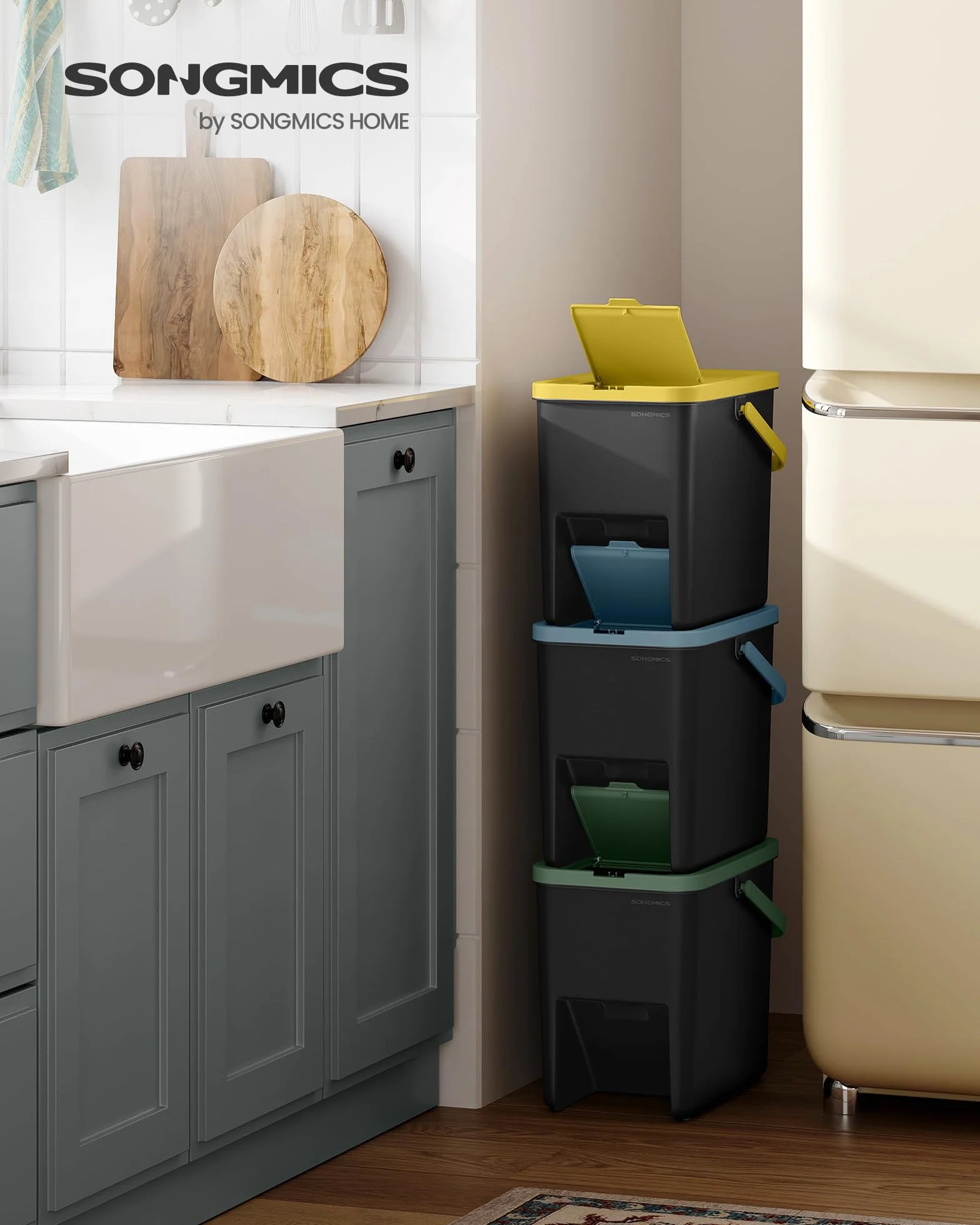 SONGMICS Poubelles de Tri Cuisine Lot de 3 Empilables 20 L Recyclage Jaune Bleu Vert