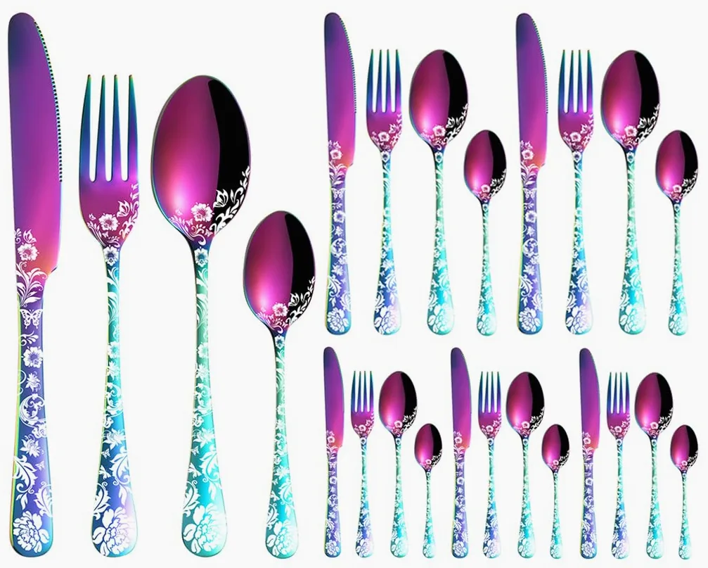 XIAOYU Ensemble d'argenterie 24 pièces, service de couverts en acier inoxydable pour 6 personnes, motif de fleur de pivoine, ustensiles comprenant couteaux/fourchettes/cuillères, Le Rainbow