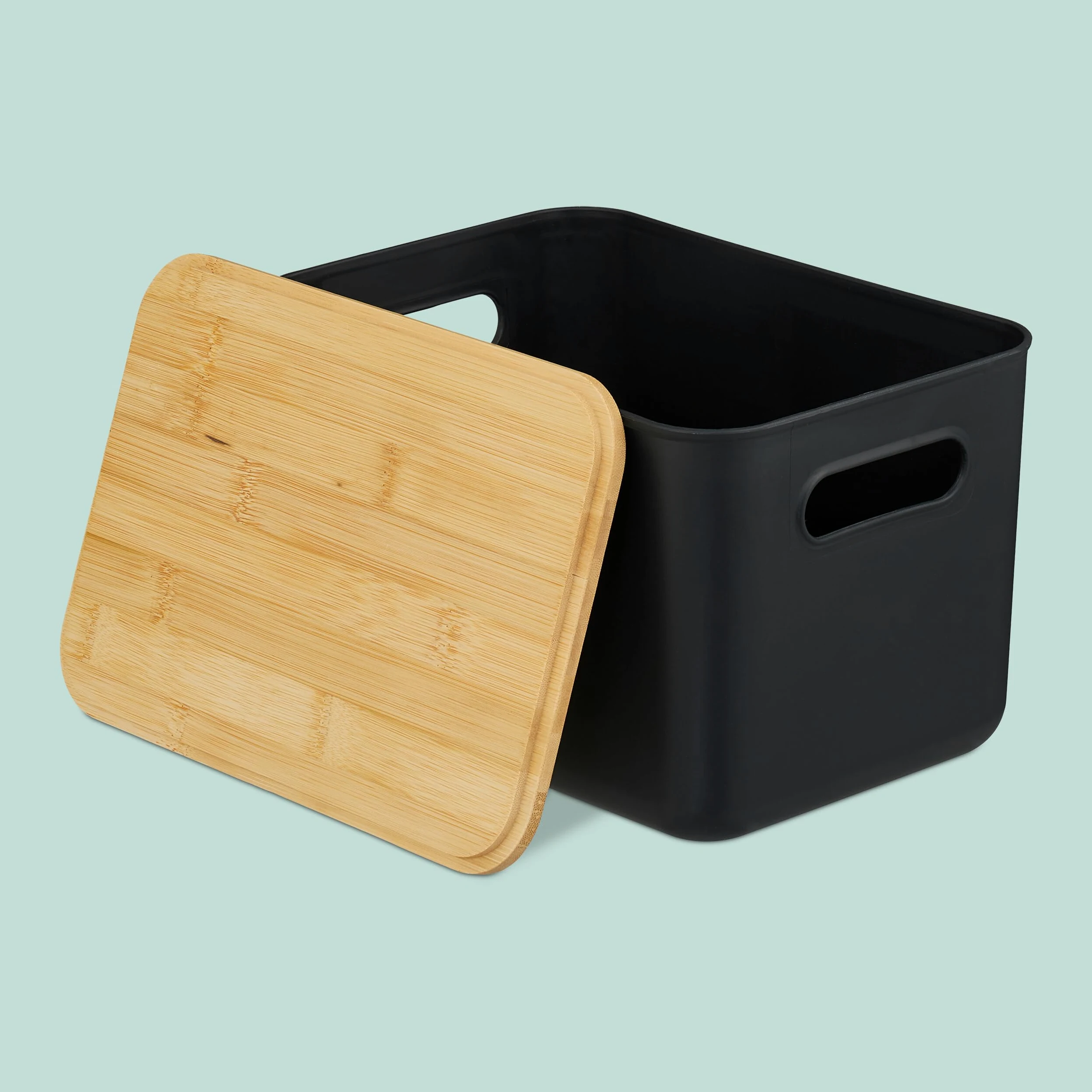 Relaxdays Boîte de Rangement, Lot de 2, Couvercle, poignées, 16 x 36 x 25 cm, Plastique et Bambou, Noir, Maison