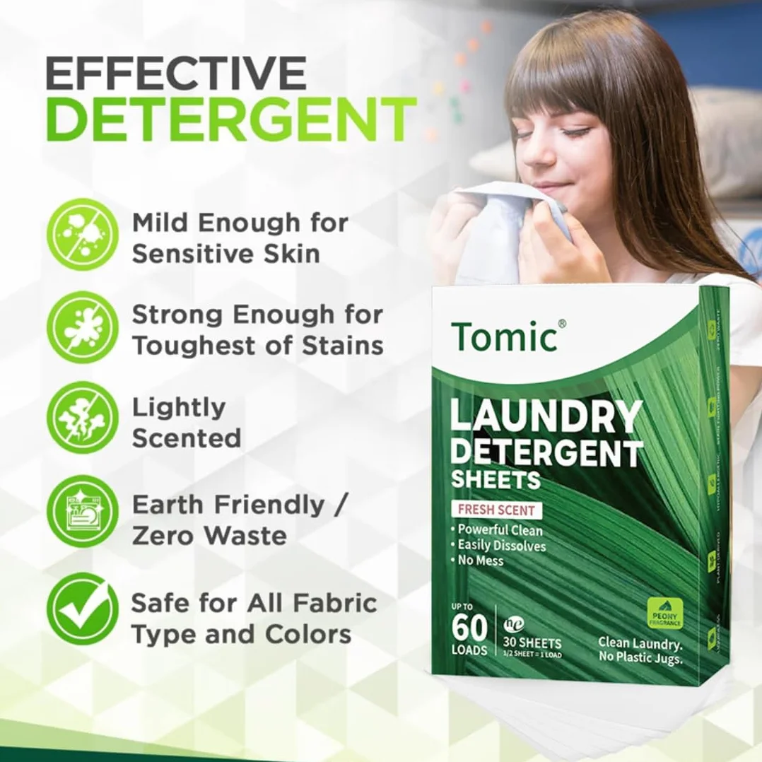 Lessive en Feuille Biodégradable 30 Feuilles 60 Charges Hydrosoluble Hypoallergénique Sans Plastique Blanc et Couleur Fraîcheur Intense