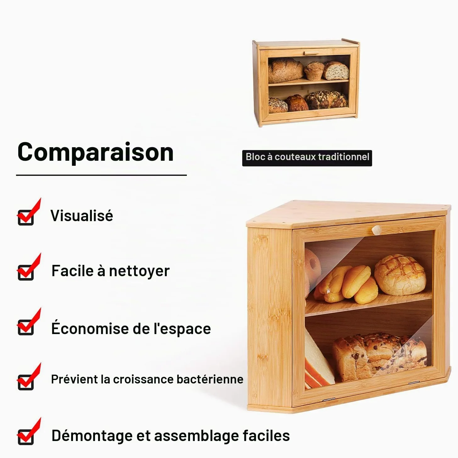 Leader Accessories Boîte à Pain en Bambou 2 Étages d’Angle | Boîte à pain en bambou à 2 étages, design d’angle compact pour pains, baguettes et viennoiseries
