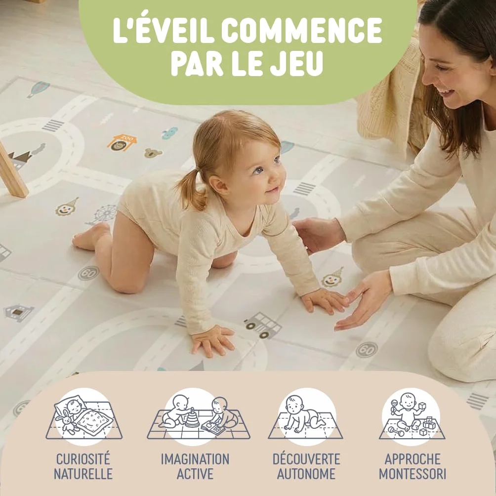 Tapis d'Éveil et de Jeux Bébé Treelys Urban Railway 150x200 cm Circuit Routier Pliable Réversible XPE 15mm EN71 0-3 Ans