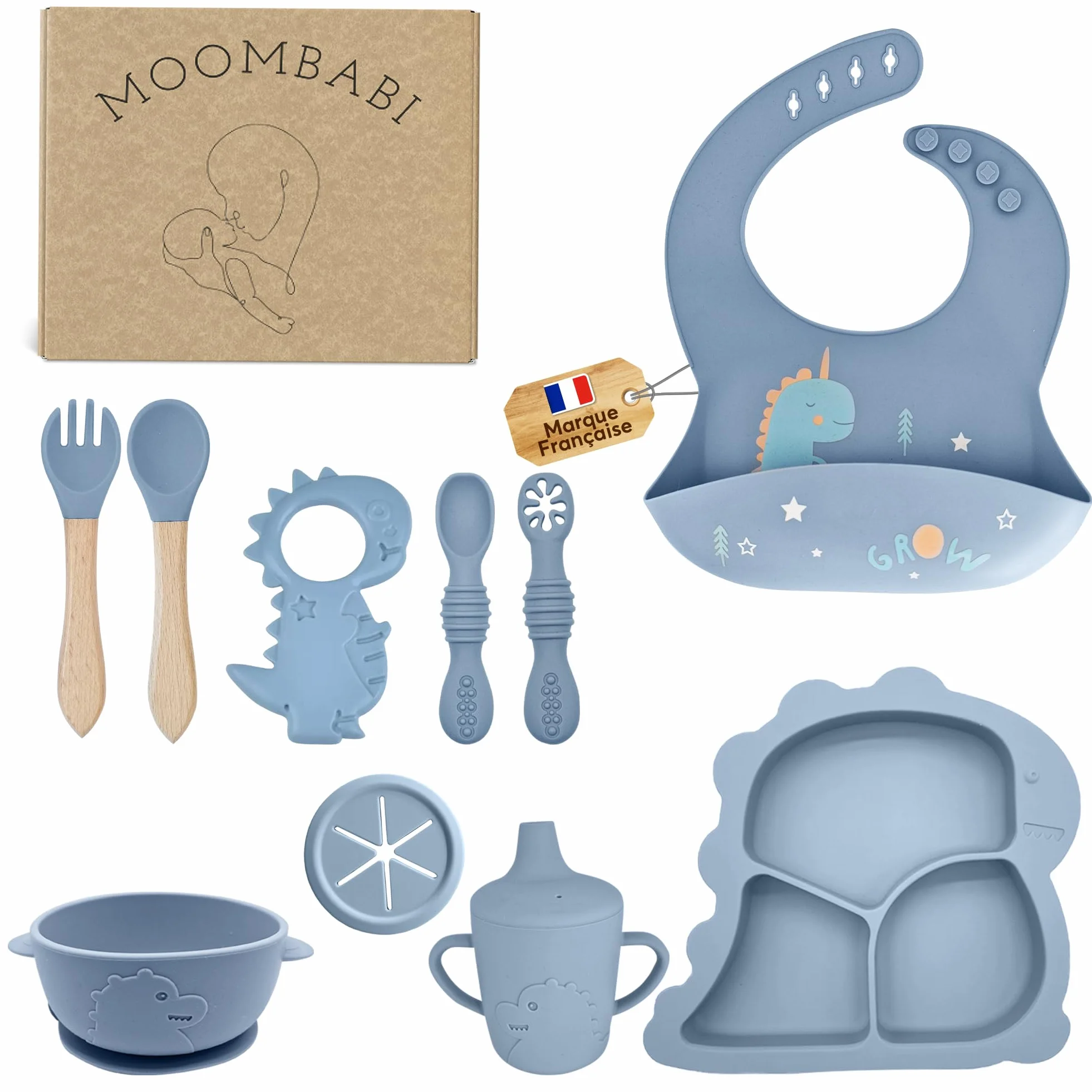 Set Repas Bébé 10 Pièces Assiette Ventouse Bol Cuillère Bavoir Silicone Couverts Vaisselle Sevrage Enfant