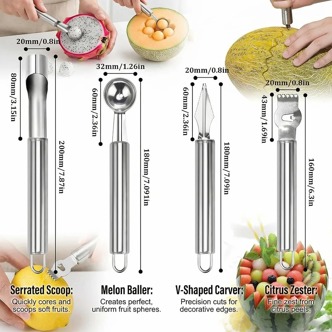Set 4 en 1 Cuillère Parisienne à Melon Acier Inoxydable Ustensile de Cuisine