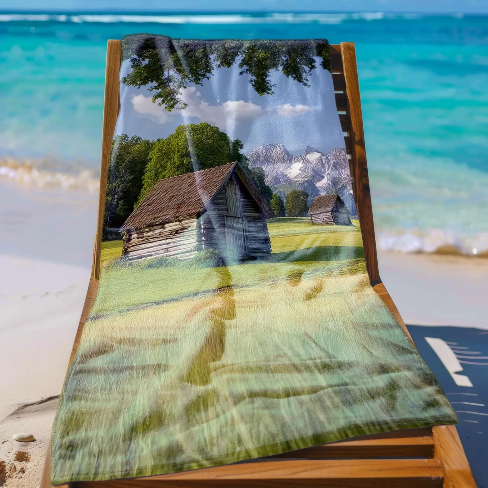 Tapis de Plage XXL Anti Sable Maison en Bois Brown Serviette Piscine Adulte,Natte De Plage Pliable, Voyage Accessoires De Plage Camping,Serviette de Bain Personnalisée