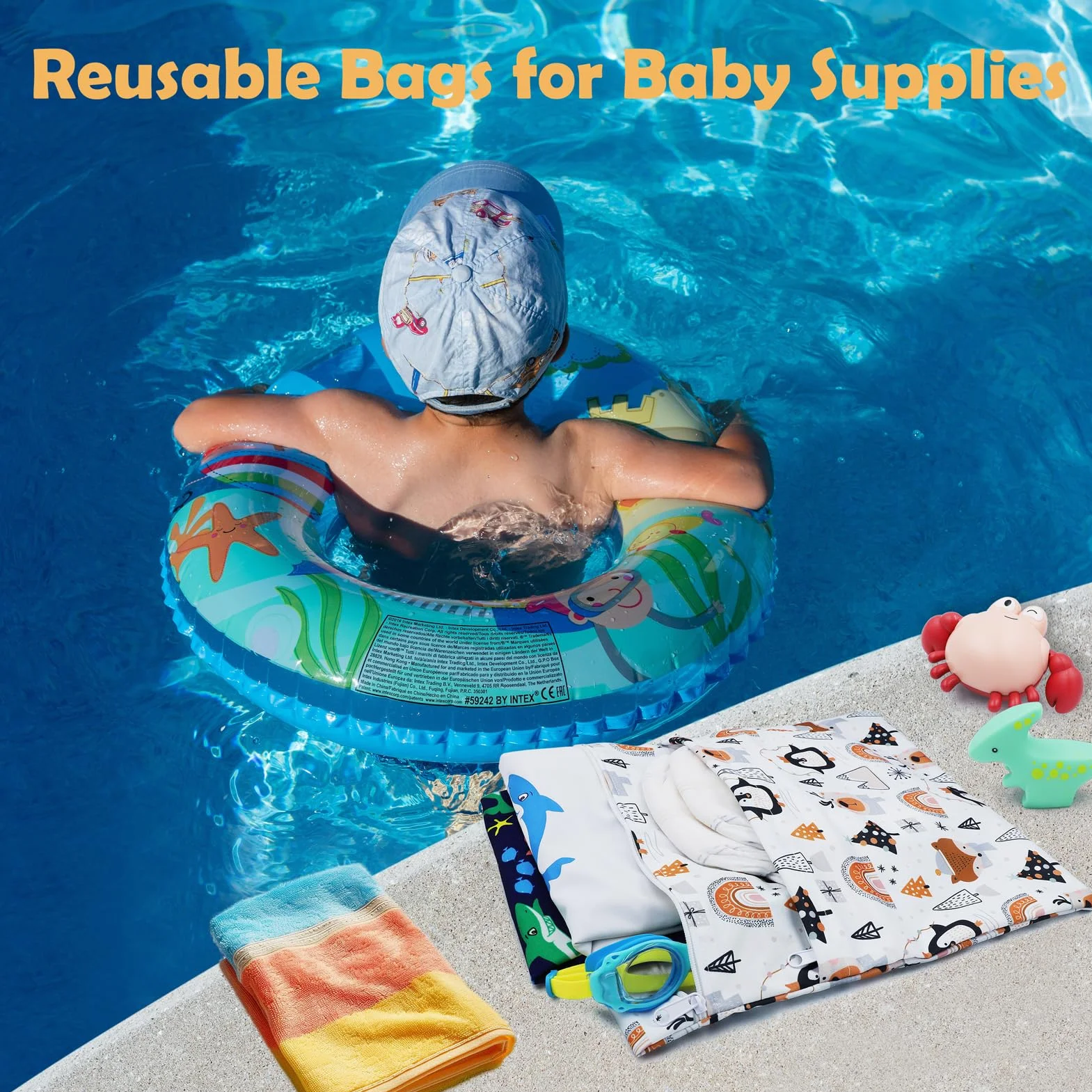 Sac à Couches Lavable 2 Pcs Wetbag Réutilisable Etanche Organisateur Double Fermeture Eclair Sac à Langer Bébé Voyage Plage Pingouin Blanc