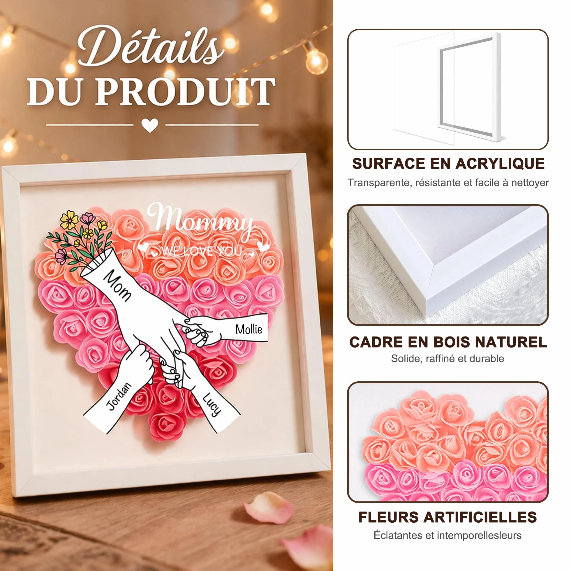 BEXOA Boîte à Fleurs Cœur Personnalisé Cadeau Fête des Mères avec 2-6 Prénoms