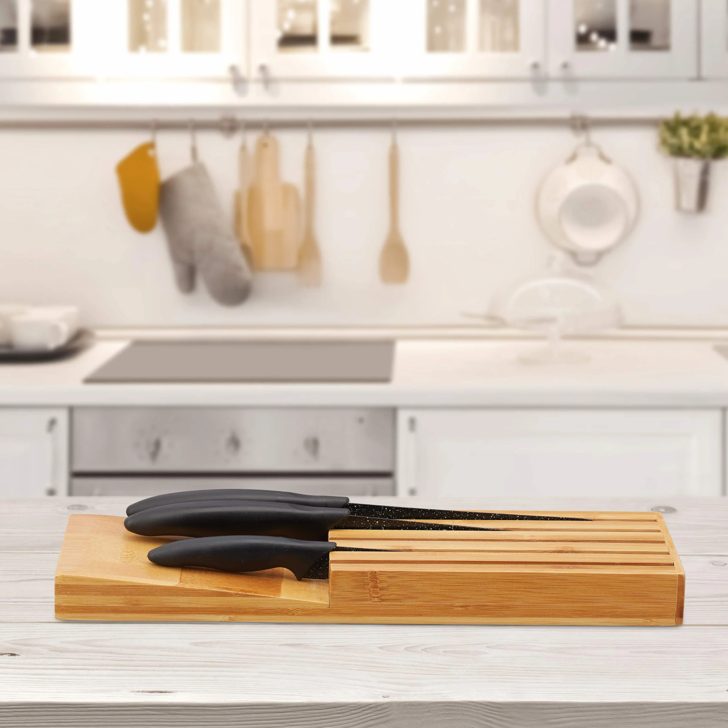 Relaxdays Range de couteaux de cuisine bambou, support pour 5 couteaux, bloc tiroir, 35 x 11 x 39 cm