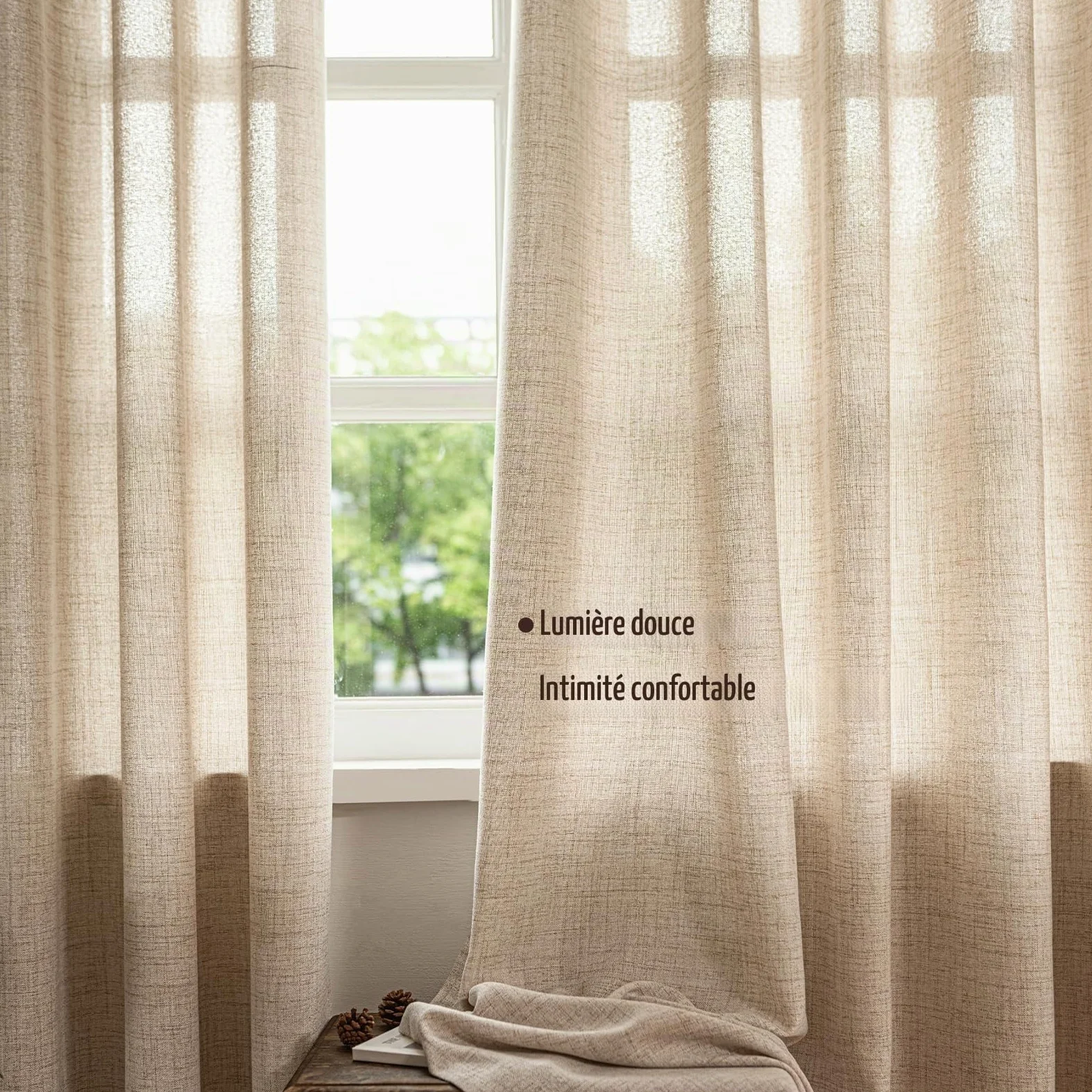 Rideau Voilage Translucide Lin à Œillets Lot 2 140x245 cm Lin Naturel | 230 GSM Tissu Épais | Aspect Lin Naturel | Filtre la Lumière du Jour & Préserve l’Intimité