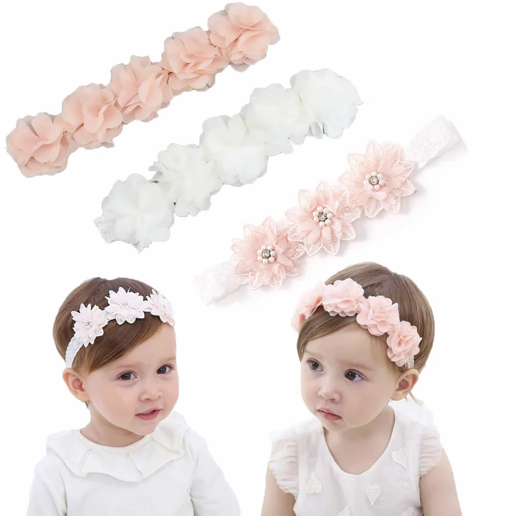 Lot de 3 bandeaux à fleurs pour bébé fille avec ruban gros-grain en simili cuir et étoiles