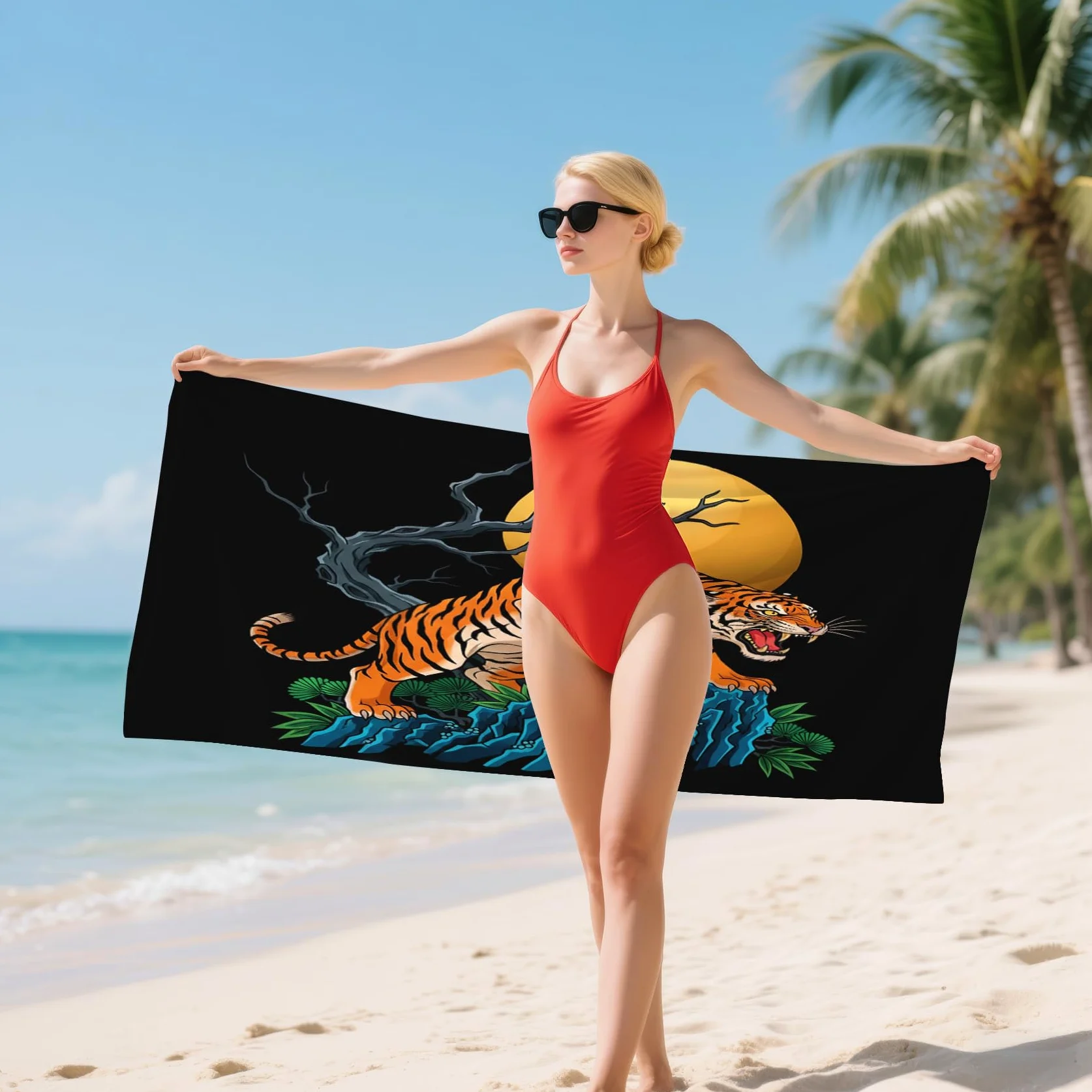 Serviette de Plage XXL Microfibre Tigre Style Asiatique Japonais, Drap de Plage Séchage Rapide Anti Sable & Légère, Serviette de Bain Grande Taille 150x200 cm, Accessoire & Cadeau été