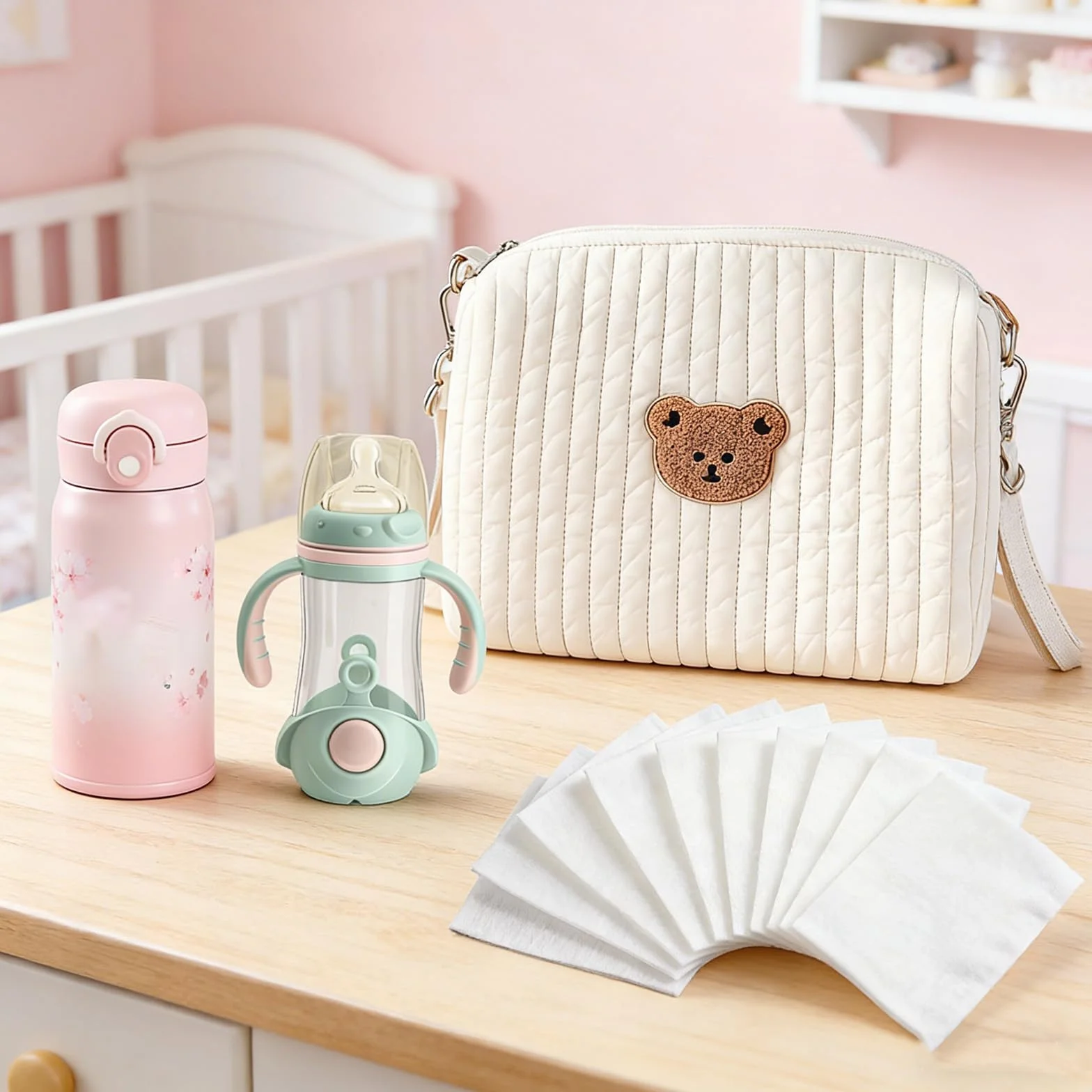 Sac à langer en coton organisateur universel pour poussette avec 2 sangles broderie ours