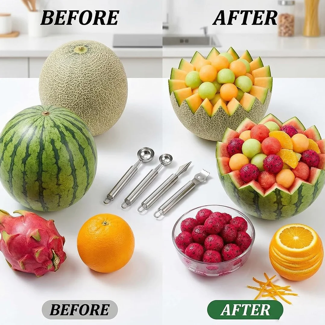 Set 4 en 1 Cuillère Parisienne à Melon Acier Inoxydable Ustensile de Cuisine