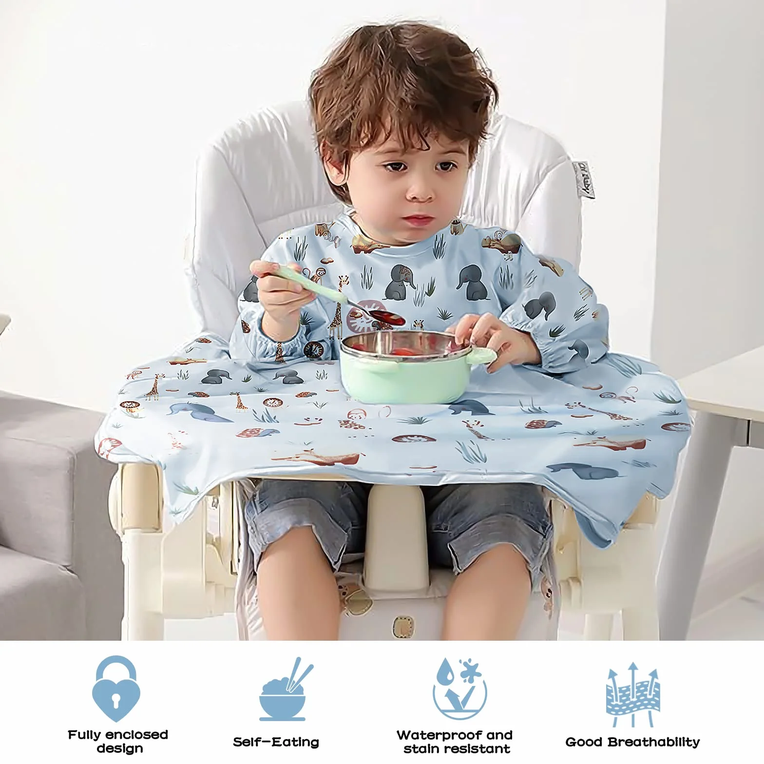 Vicloon Bavoir Manches Longues Bébé Imperméable Couverture Complète Résistant à l'Eau Taille Unique 6-36 Mois