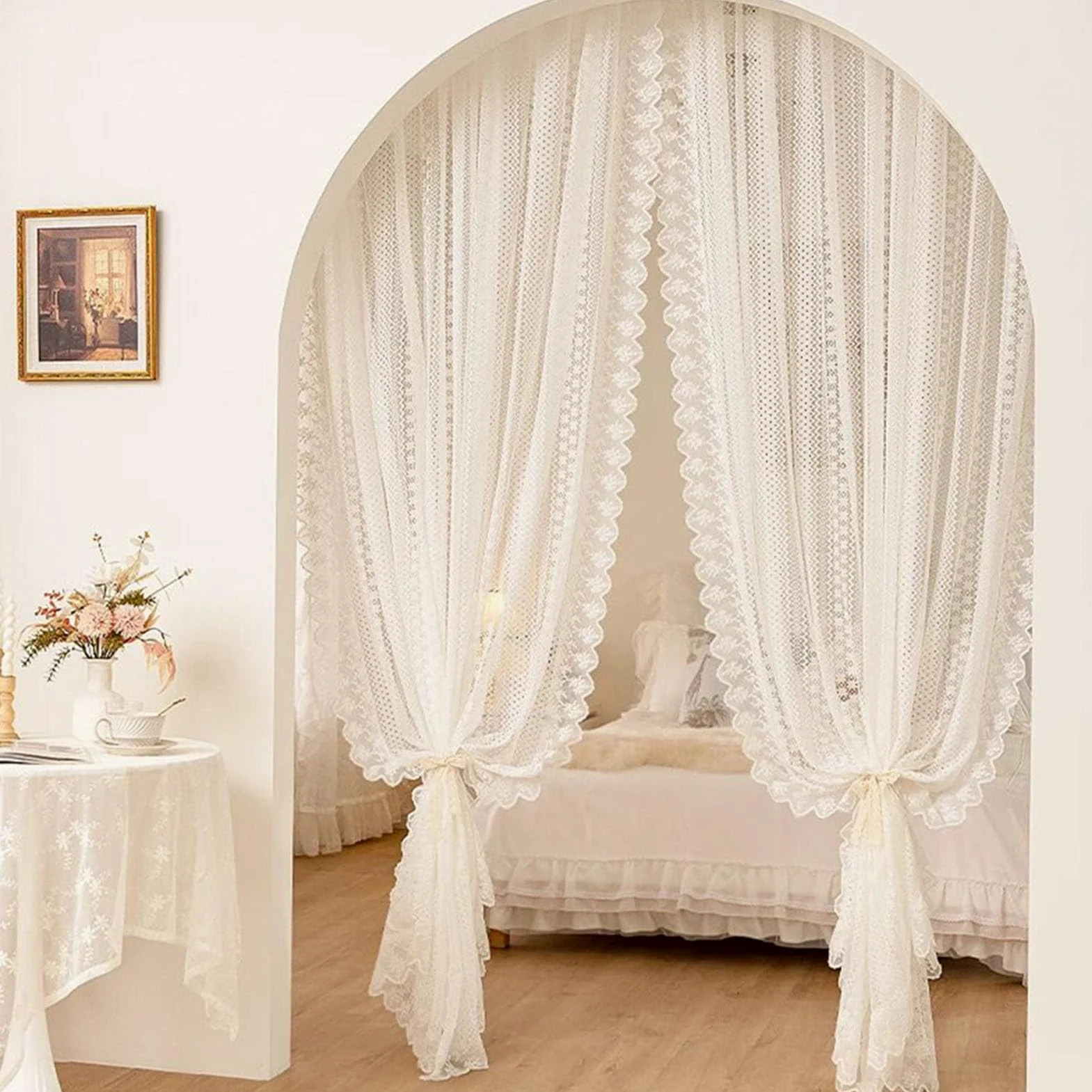 Lot de 2 Rideaux en Dentelle Blanc, Rideau Voilage Romantiques Français Filtrant la Lumière Passe-Tringle Bords Festonnés pour Salon Chambre(WxH160x130cm/63x51inch)