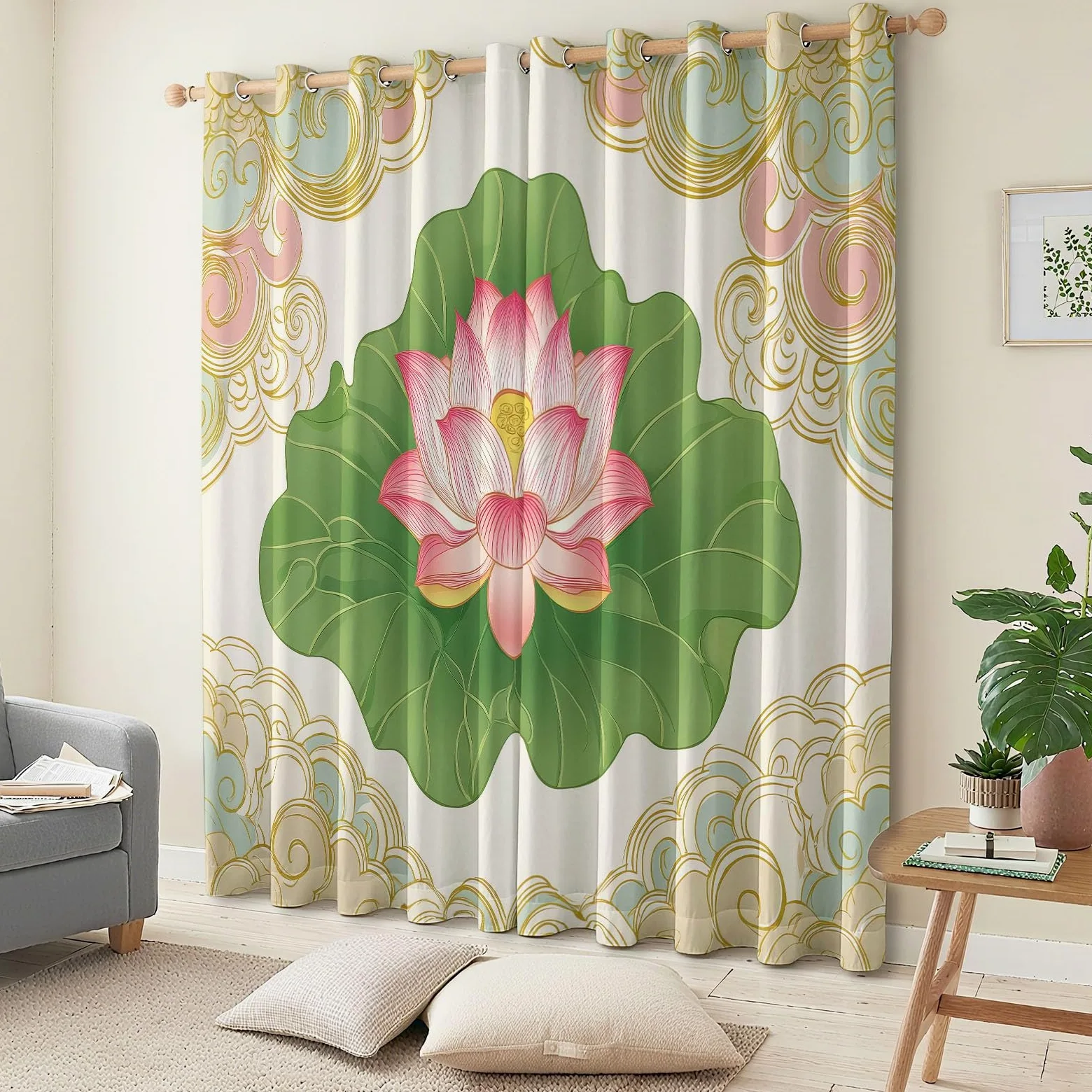 Jaune Rideaux Occultants Thermiques 183 x 214 cm Motifs Floraux Motifs Nuages Bon Augure – Rideaux Isolants Anti-Froid & Anti-Chaleur, Tissu Épais Haut de Gamme, Parfait pour Salon, Chambre ou Bureau