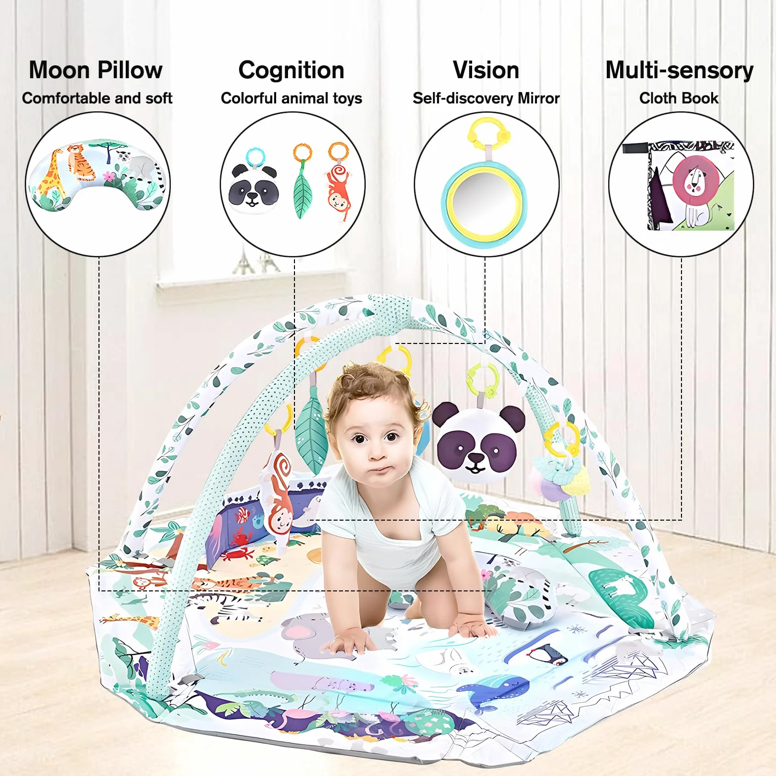 Tapis de jeu multifonctionnel pour nouveau-nés avec 8 jouets sensoriels détachables, facile à nettoyer, Tapis d'éveil et de jeux éducatif à jouer pour bébés à partir de 0 mois（Vert）