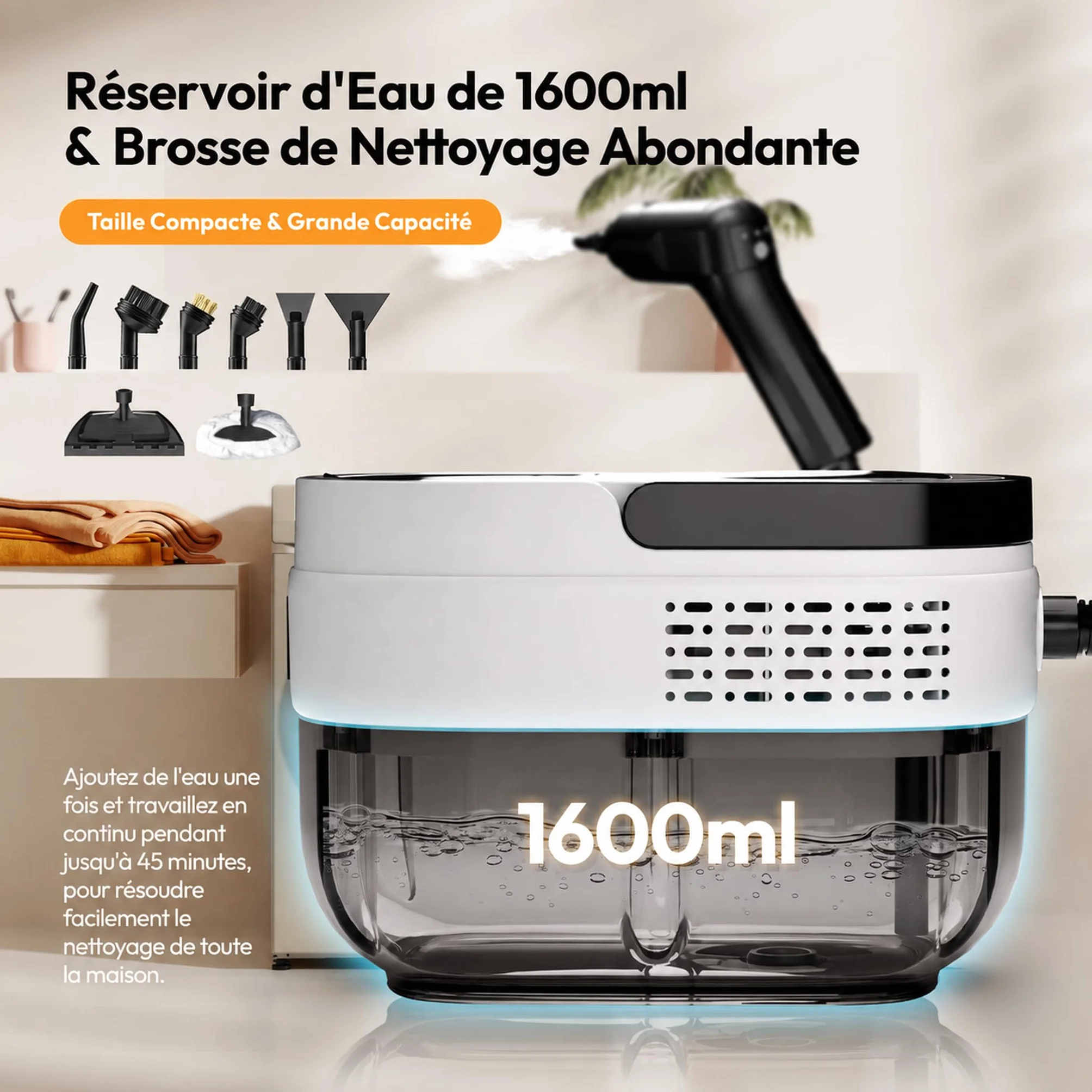 Nettoyeur Vapeur Portatif 1600ml, Steamer Multi-usage avec Poignée Réglable 3 Niveaux