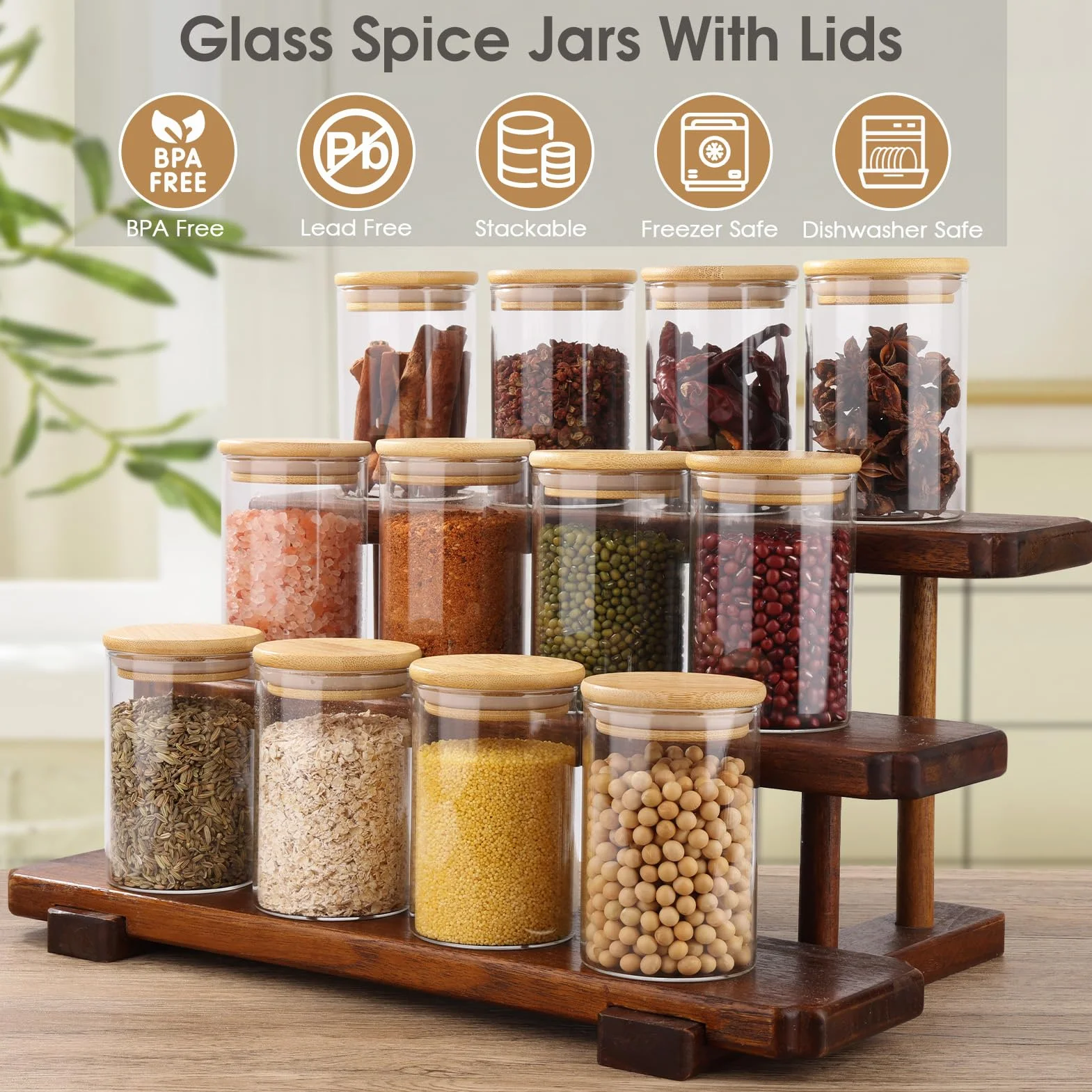 Bocaux à Épices en Verre et Bois 12 Pots 250ml Hermétique ⌀6,5cm x 10,5cm