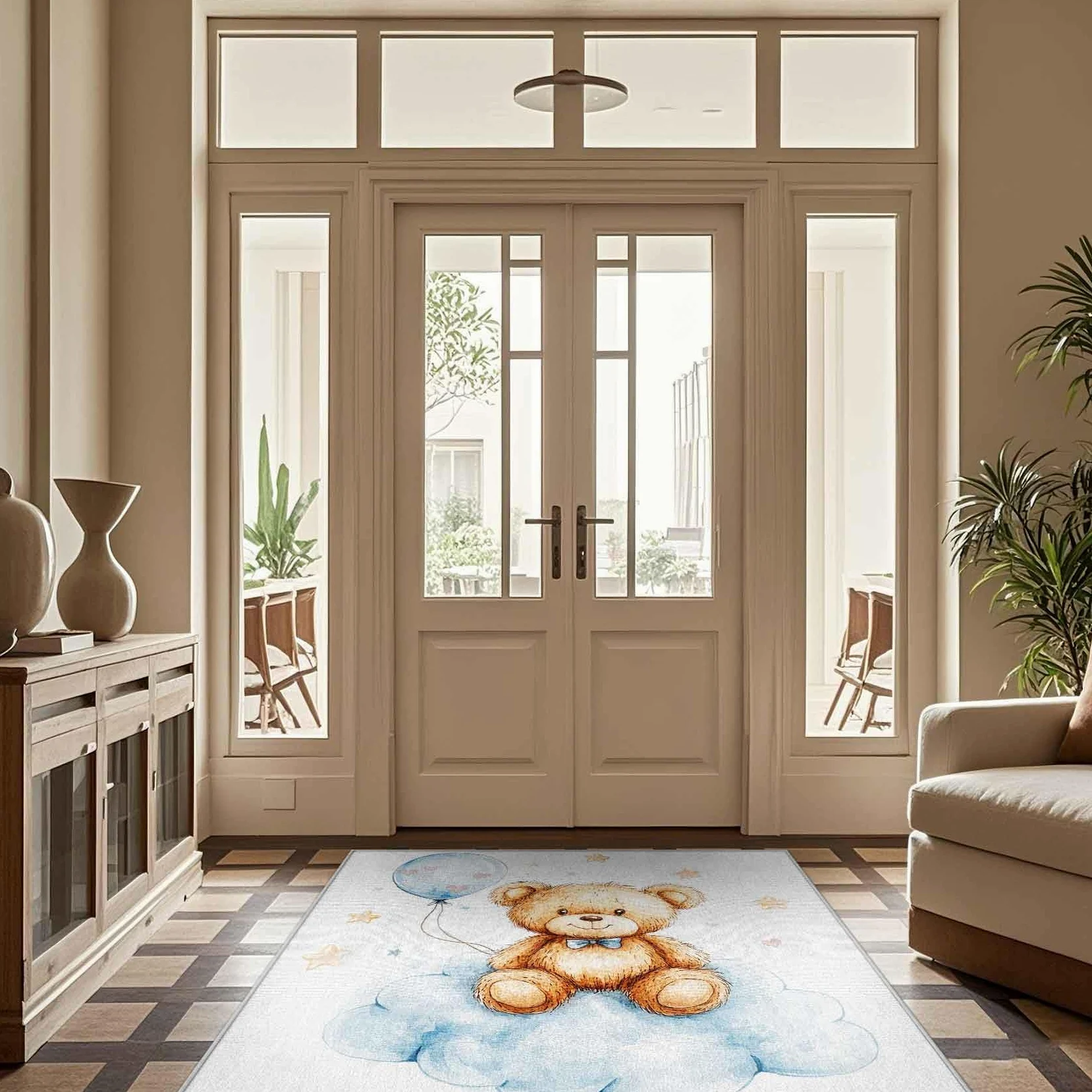 Tapis Ours en Peluche pour Chambre d'enfant, Motif Aquarelle, Ballons, étoiles et Nuages, antidérapant et Lavable pour Chambre de bébé (80 x 140 cm)