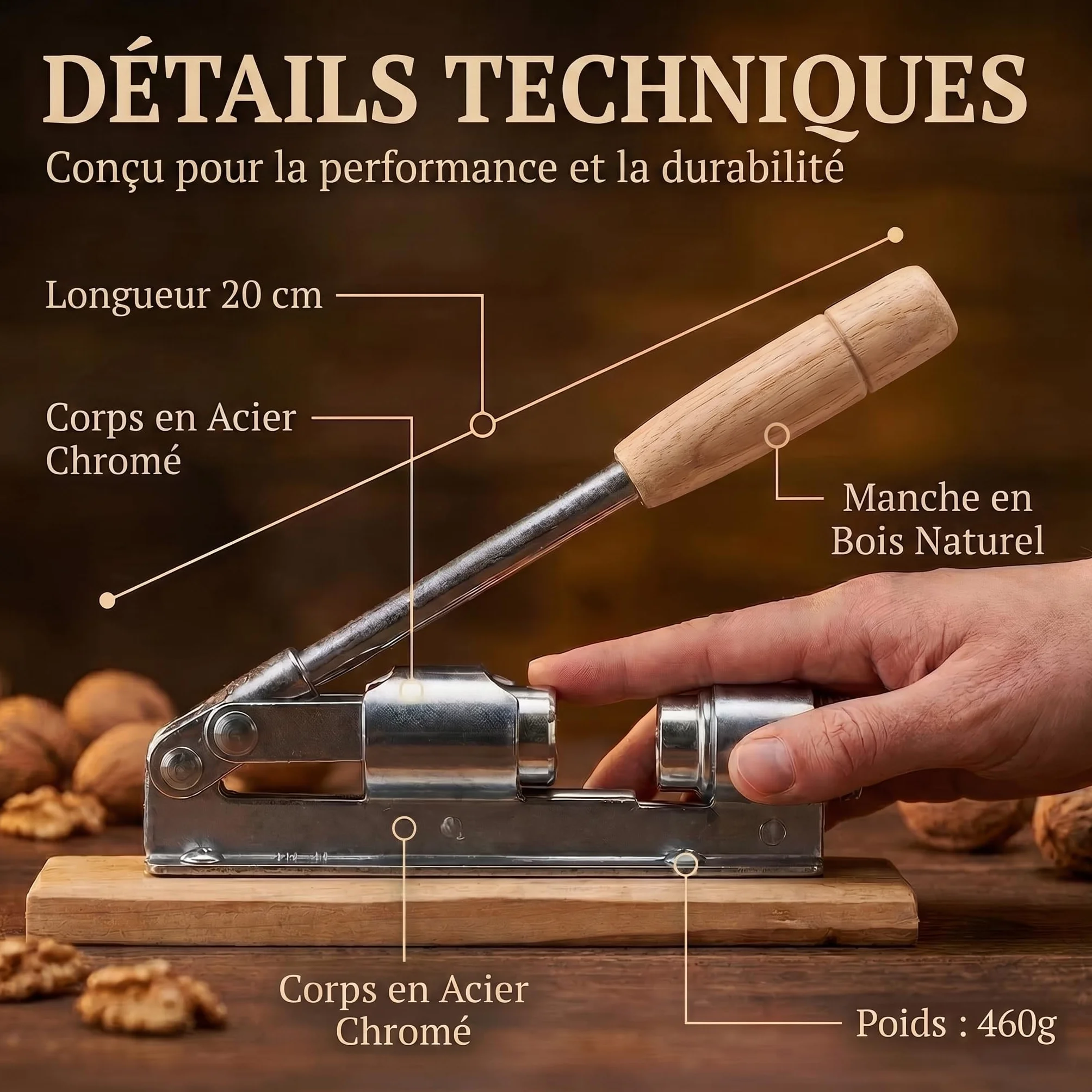Casse-noisettes en acier inoxydable avec levier réglable