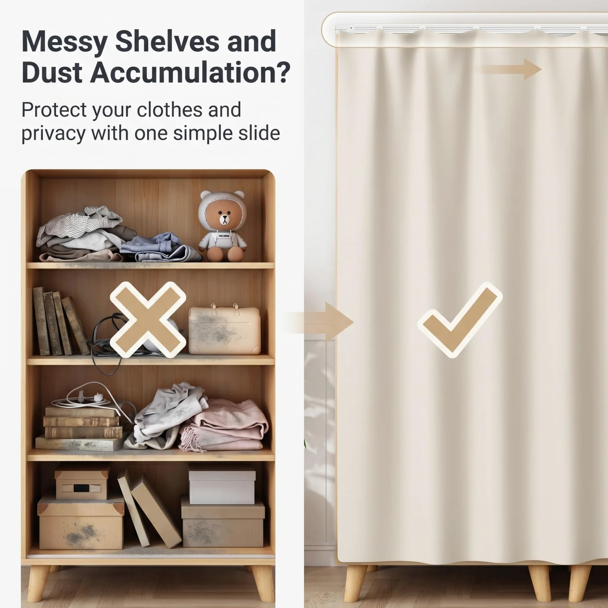 Rideau Placard sans Perçage, Auto-adhésif/Anti-Poussière Rideau Cuisine&sous Evier, Peluche Courte Rideau Occultant Court, Rails Coulissants Cuisine/Salle Bain/Dressing(Gray-a,200 x 150 cm)