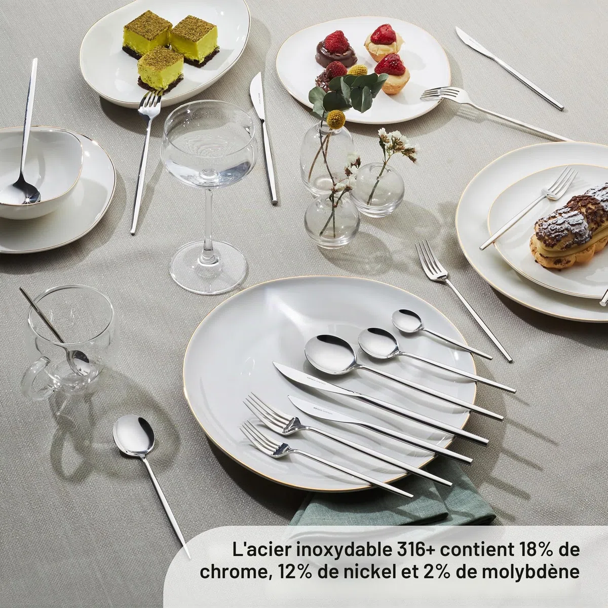 Karaca Mild Ensemble de couverts 84 pièces 316+ Premium pour 12 personnes, 18/10, Antirouille, Durable, Résistant à la corrosion, Passe au lave-vaisselle, Couverts de service