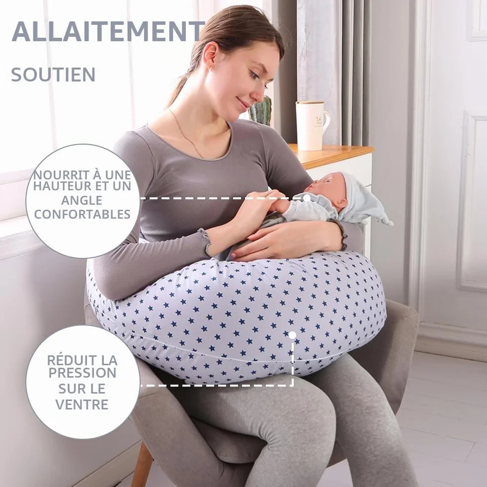 Coussin Allaitement 2 en 1 XXL Grossesse avec Housse Coton Bleu