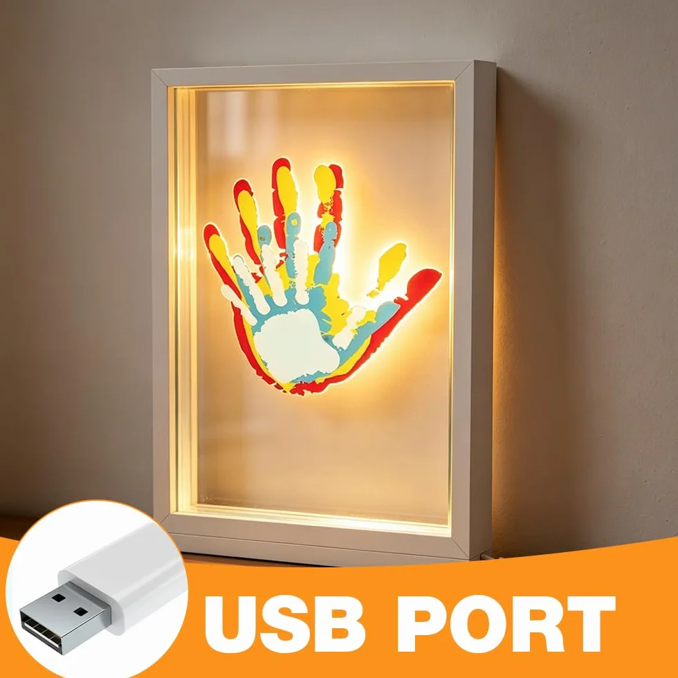 Kit d'Empreintes Familiales avec Veilleuse LED et Pigments - Cadre en Bois pour Bébé, Couples - Cadeau Personnalisé (Blanc)