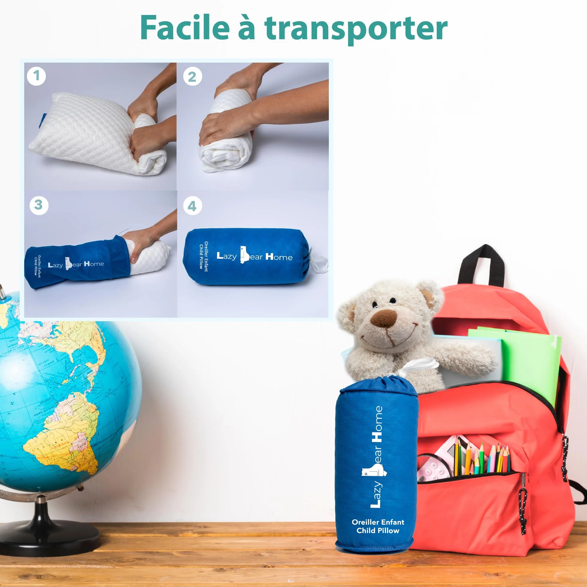 Oreiller Memoire Forme Enfant 2 Ans+ Ergonomique Cervical Sécurisé Hypoallergénique Certifié Oeko-TEX 49x27x7cm
