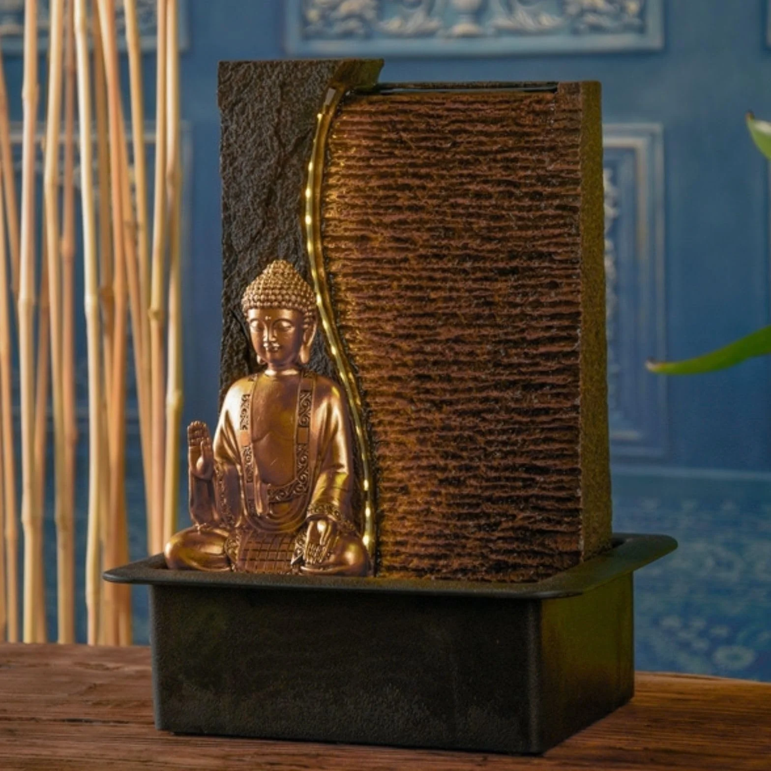 Fontaine d'Intérieur Bouddha Zen'Light Jati H 40cm avec Bandeau LED Jaune et Pompe Silencieuse