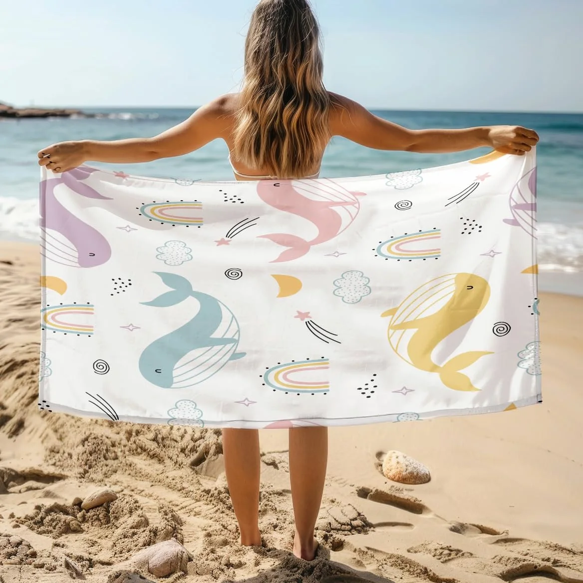 Serviette de Plage Baleine Rose Jaune Serviette de Bain Sport Piscine Toilette Microfibre Piscine Anti Sable Drap de Plage Bain xxl Ultraléger Portable Towel Absorbant Séchage Rapide 200x220cm