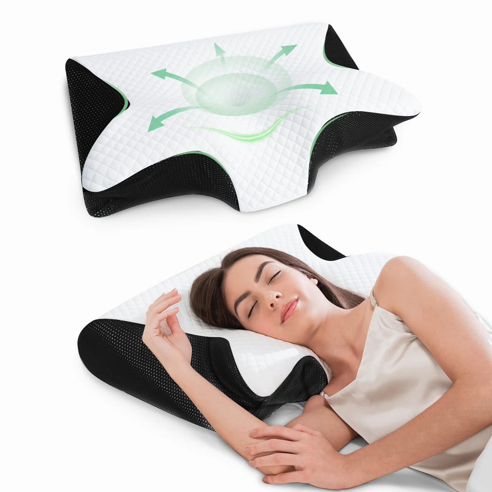 Oreiller Cervical Mémoire de Forme, Noir, 60x40x12/14cm | 2 en 1 Oreiller pour la Nuque pour Dormir Support pour Dormeurs de Côté, de Dos et sur Le Côté/Dos/Ventre