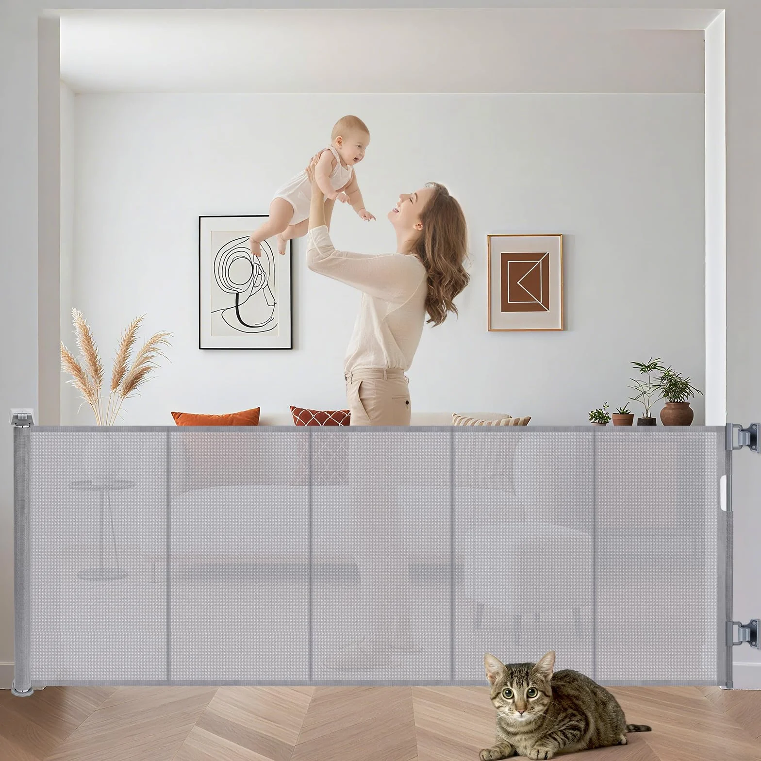 Barrière de Sécurité Rétractable 300 cm x 86 cm pour Escaliers et Chiens Blanc