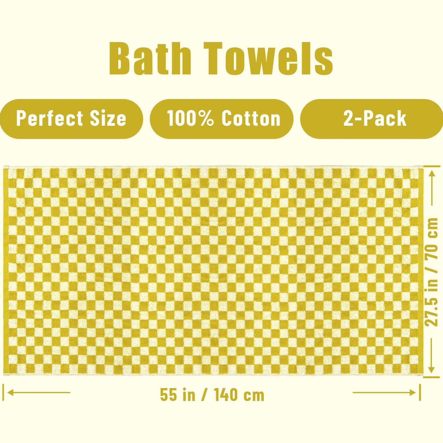 Lot de 2 serviettes de bain de luxe d'automne en coton à carreaux pour séchage du corps, 140 x 69 cm, jaune moutarde