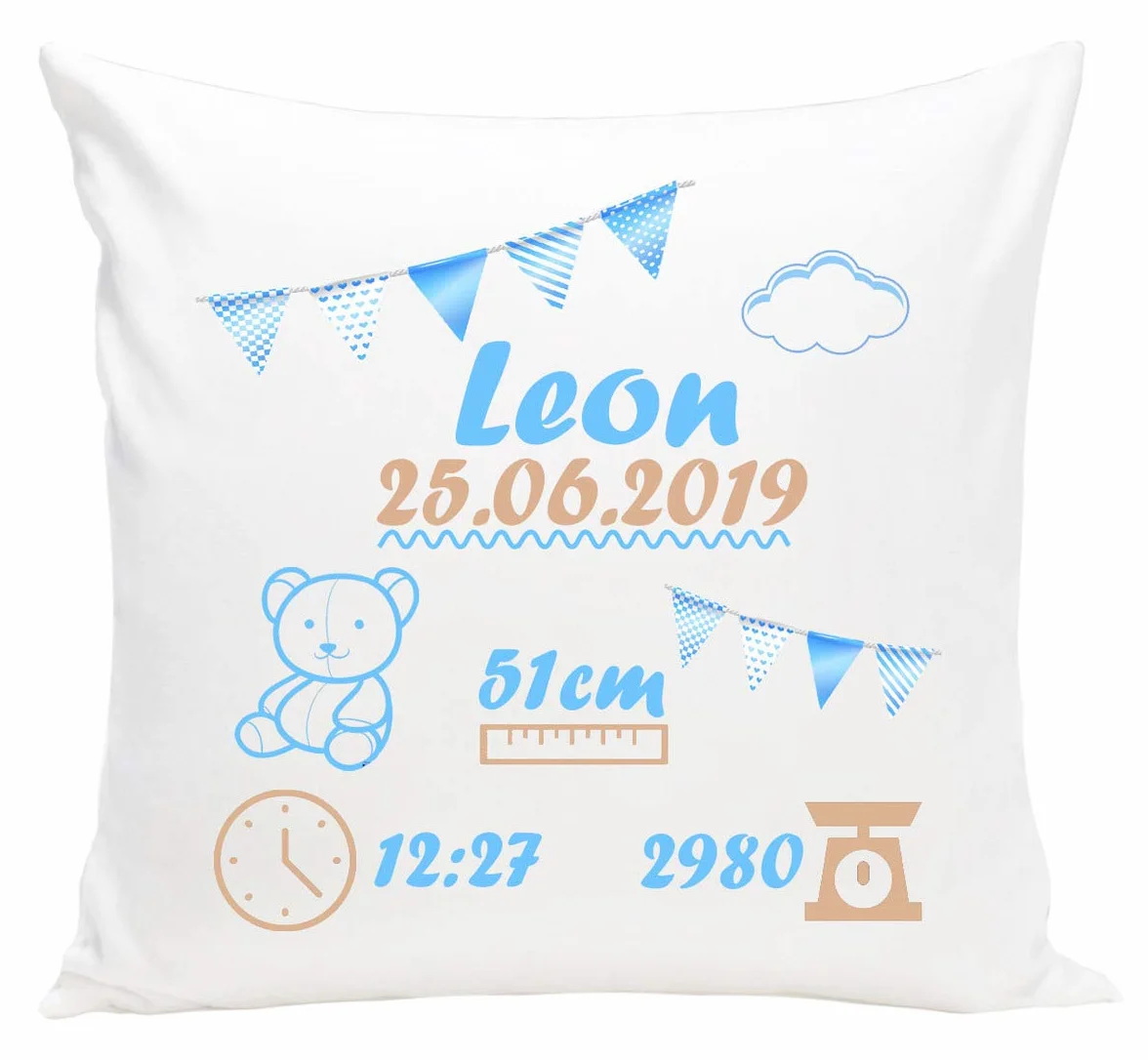 Coussin Naissance Personnalisé Fille ou Garçon avec Nom Date Idée Cadeau Oreiller Bébé Bleu