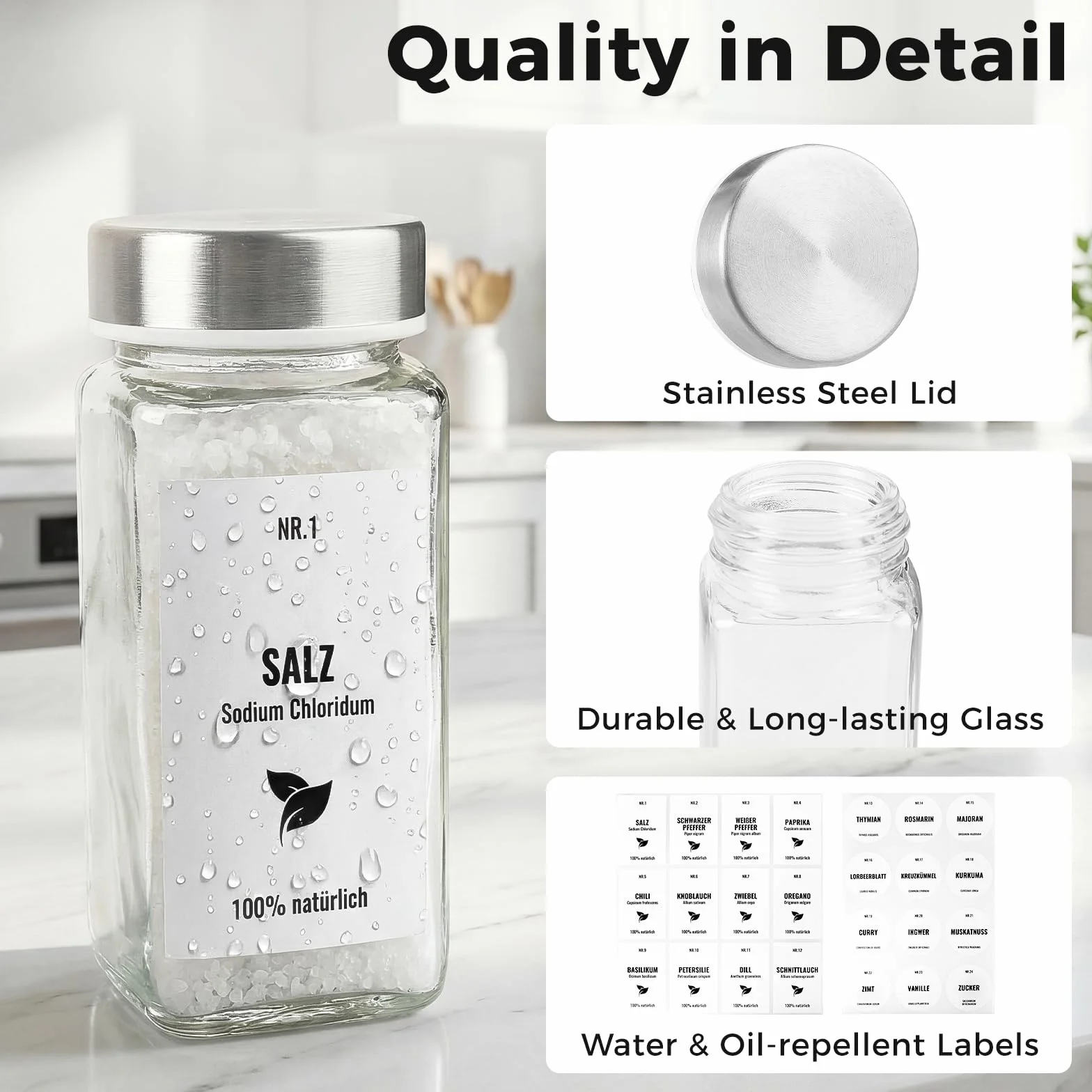 Bocaux à Épices Verre Carré 120ml 24 Pièces avec Couvercle Acier Inoxydable Rangement Cuisine