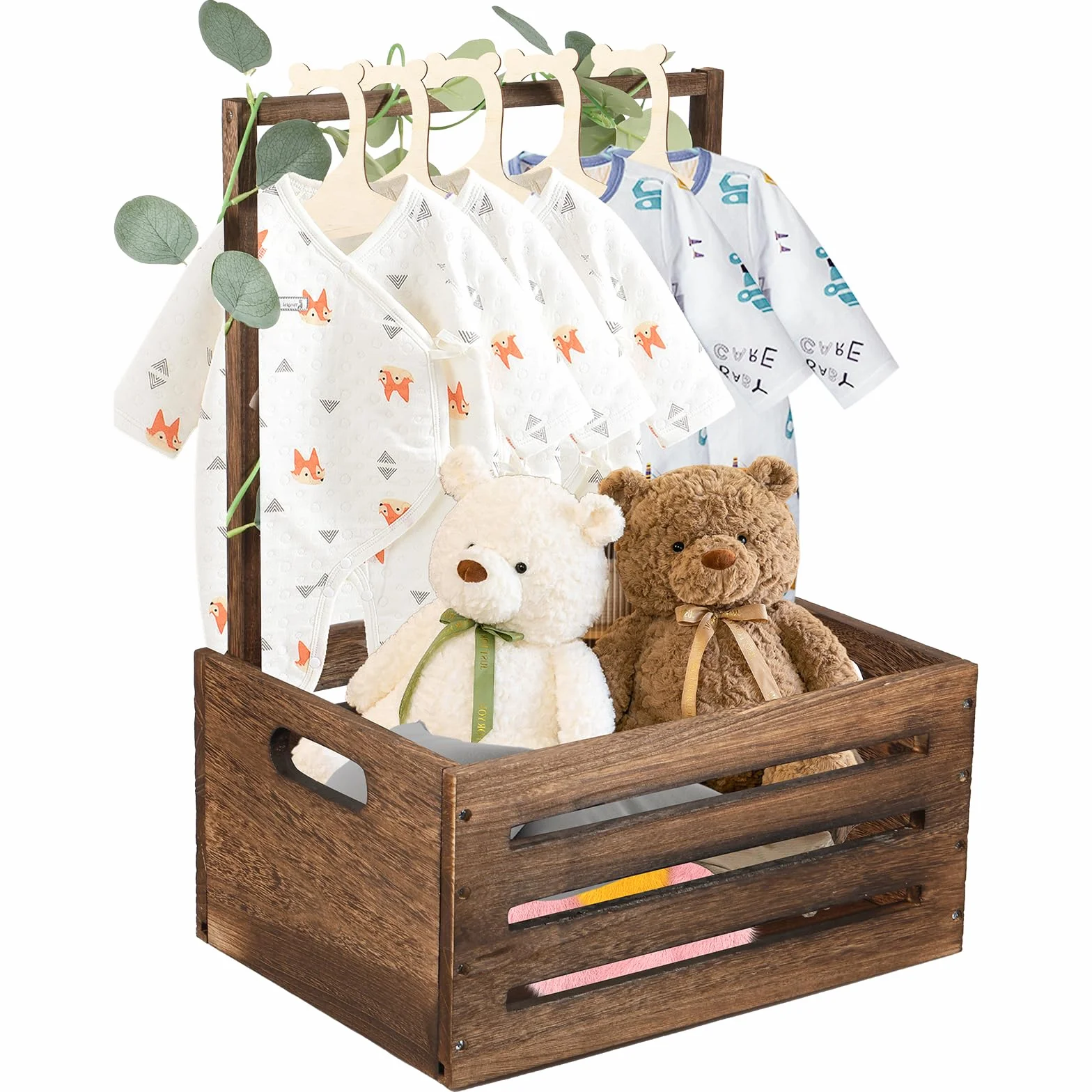 Panier cadeau en bois pour bébé avec 5 cintres et poignée