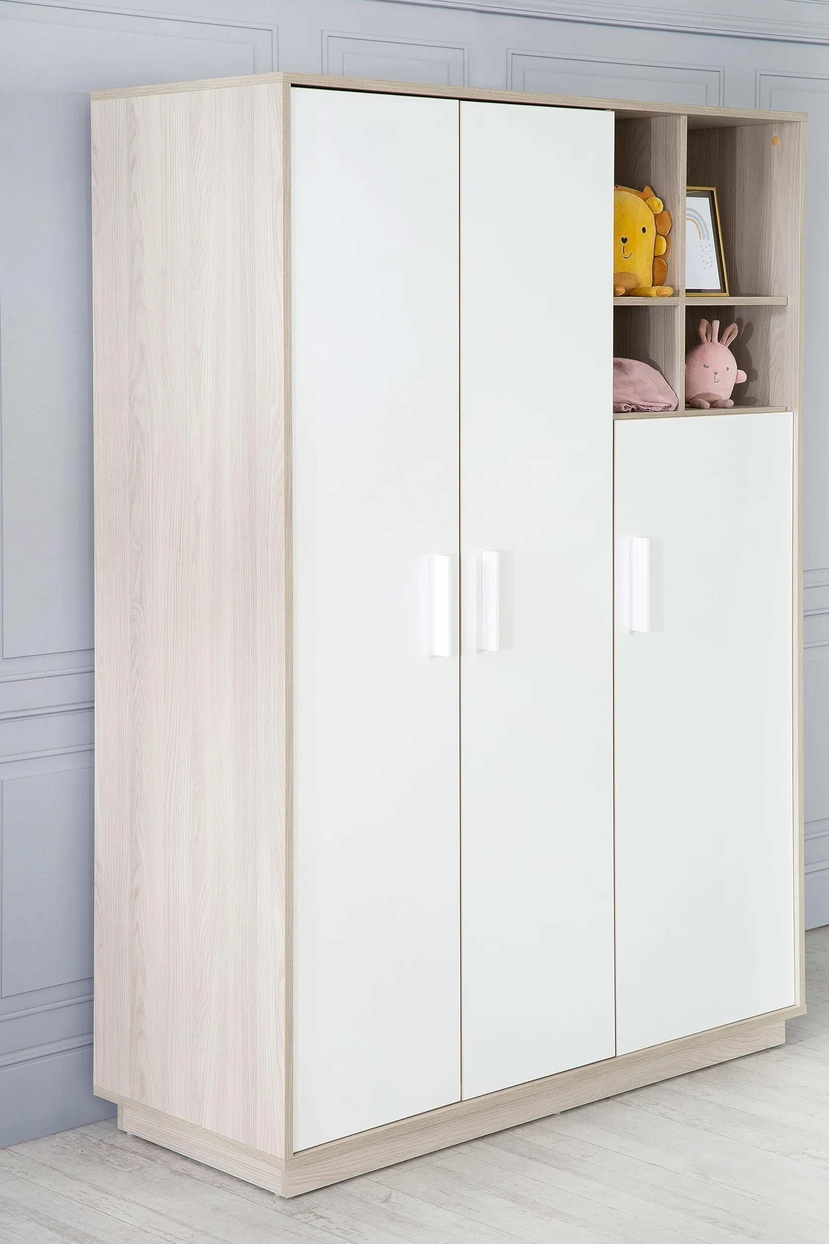 Chambre Bébé Complète Olaf Lit Évolutif 70 x 140 cm Commode à Langer Armoire 3 Portes Blanc Décor Bois