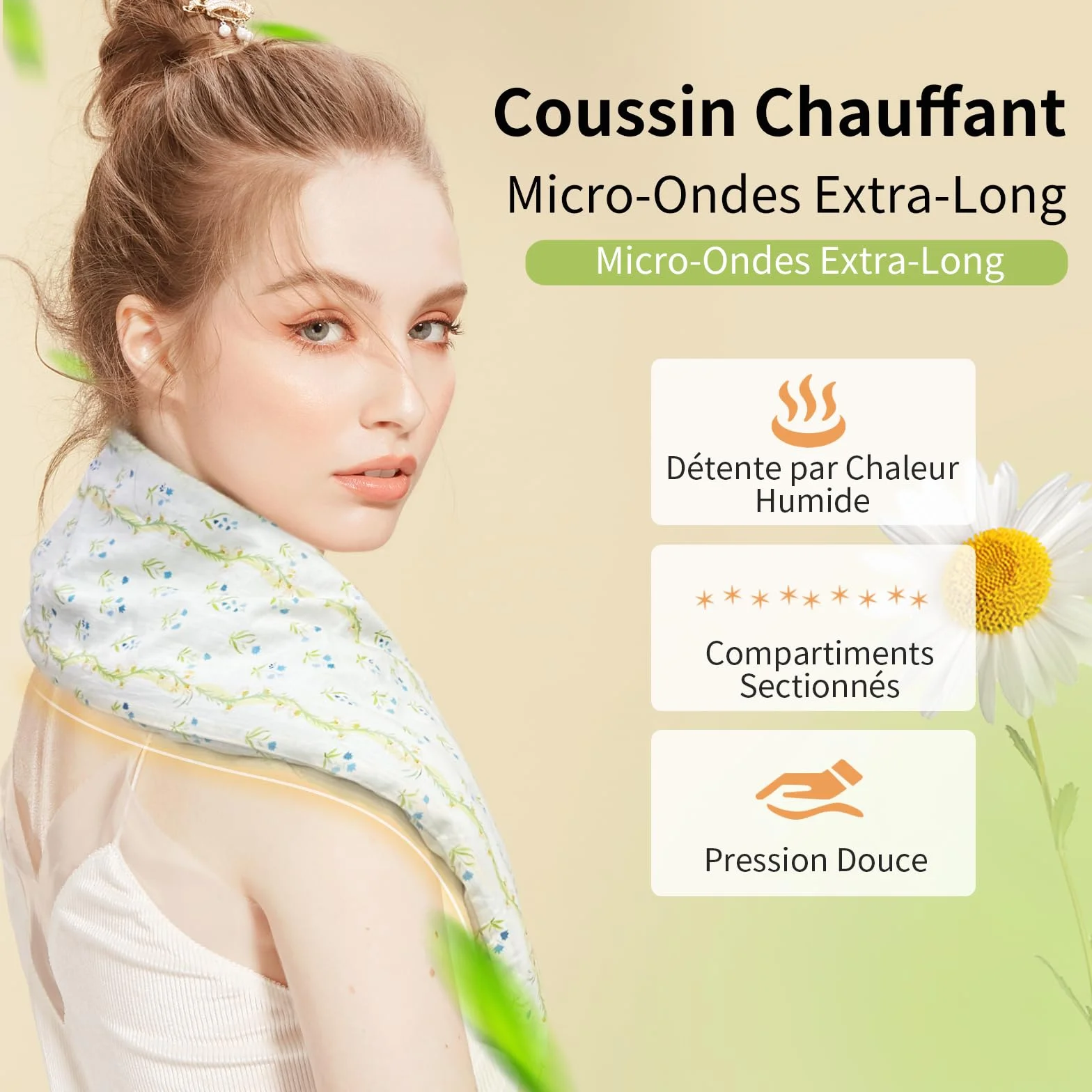 UNCN Longue Coussin Chauffant du cou Cervicales Micro Onde - housse amovible, Bouillotte Micro-Onde, graine de lin, noyaux cerises (Bleu)