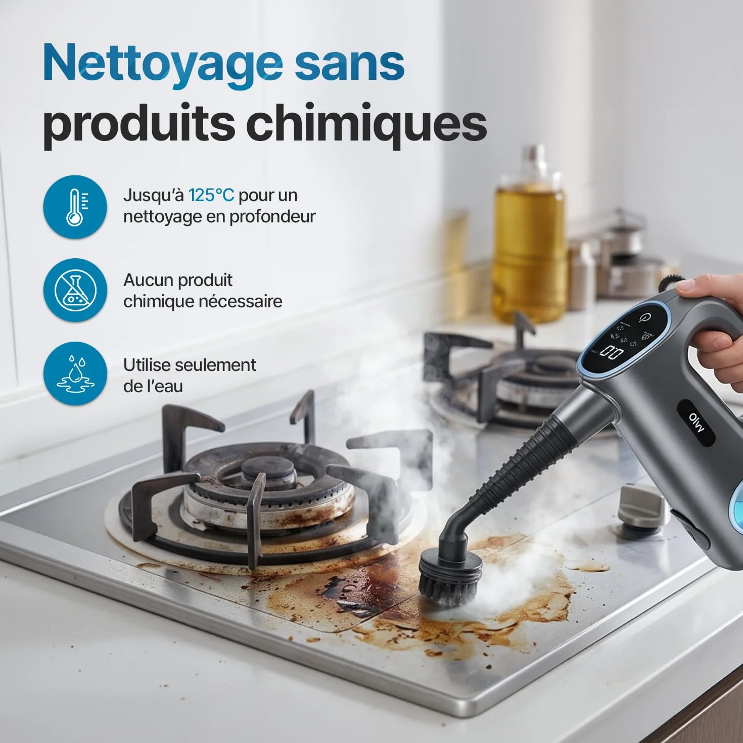 Olvy Nettoyeur Vapeur à Main 1200W Haute Pression Portable avec 3 Niveaux de Vapeur et Kit 10 Accessoires, Réservoir 400ml