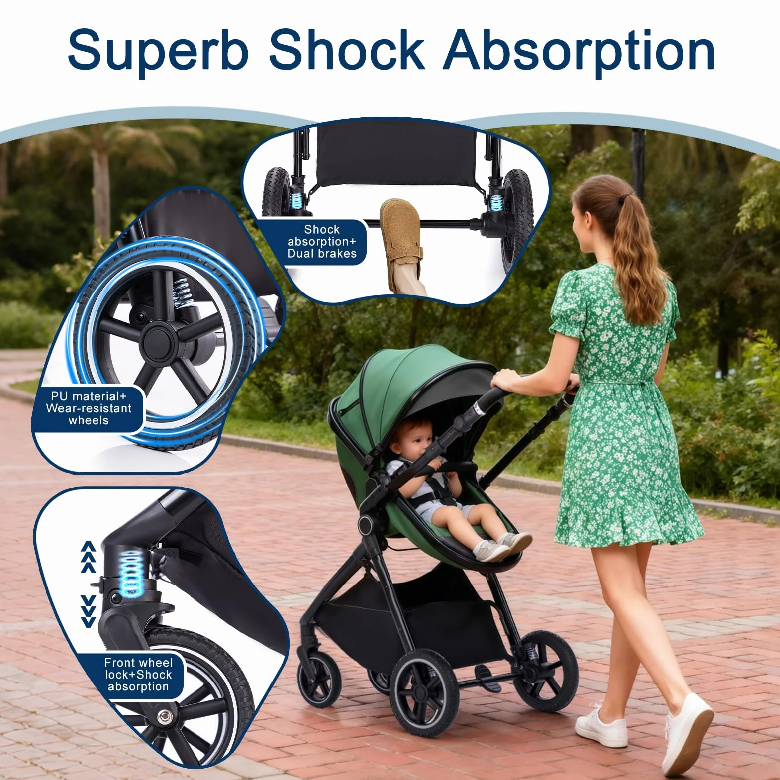 Poussette 3 en 1 avec Nacelle Pliable, Trio Poignée Réglable, Roues PU, pour Enfant de 0 à 3 Ans - Kaki Beige